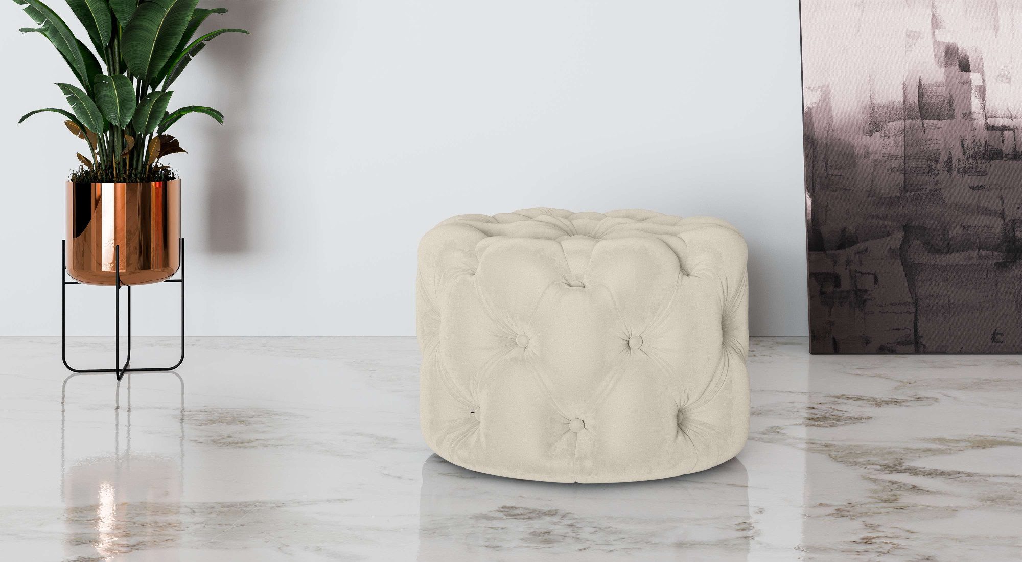Places of Style Hocker FOLLINA Beklede poef met klassieke Chesterfield-knopafwerking hockers beige