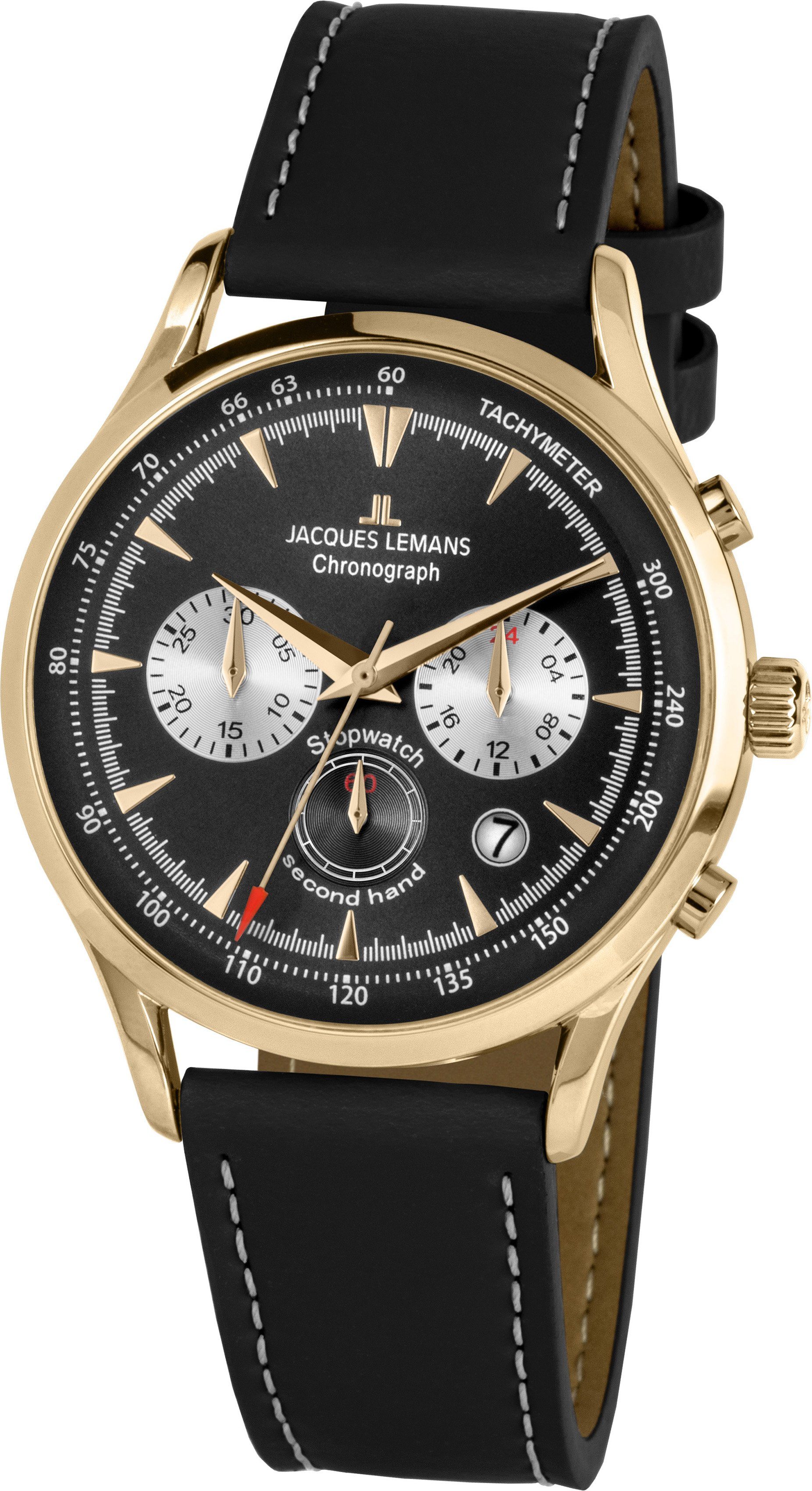 Jacques Lemans Chronograaf Retro Classic, 1-2068I Quartz horloge, armbanduhr, herenhorloge, datum, leren band heren horloges zwart