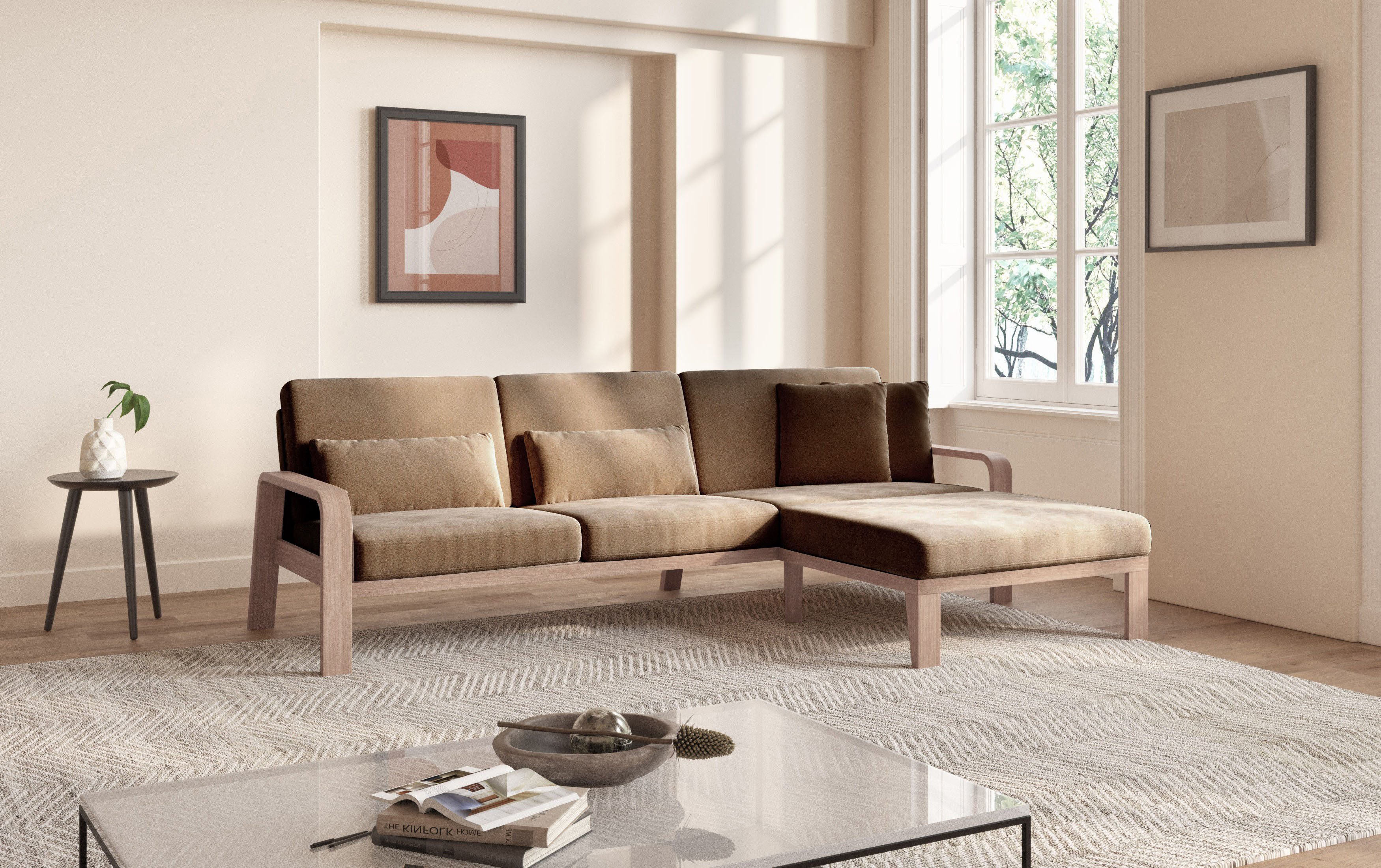 sit&more Hoekbank Kolding L-vorm Armleuningen van natuurlijk beukenhout, verschillende bekledingen en kleuren