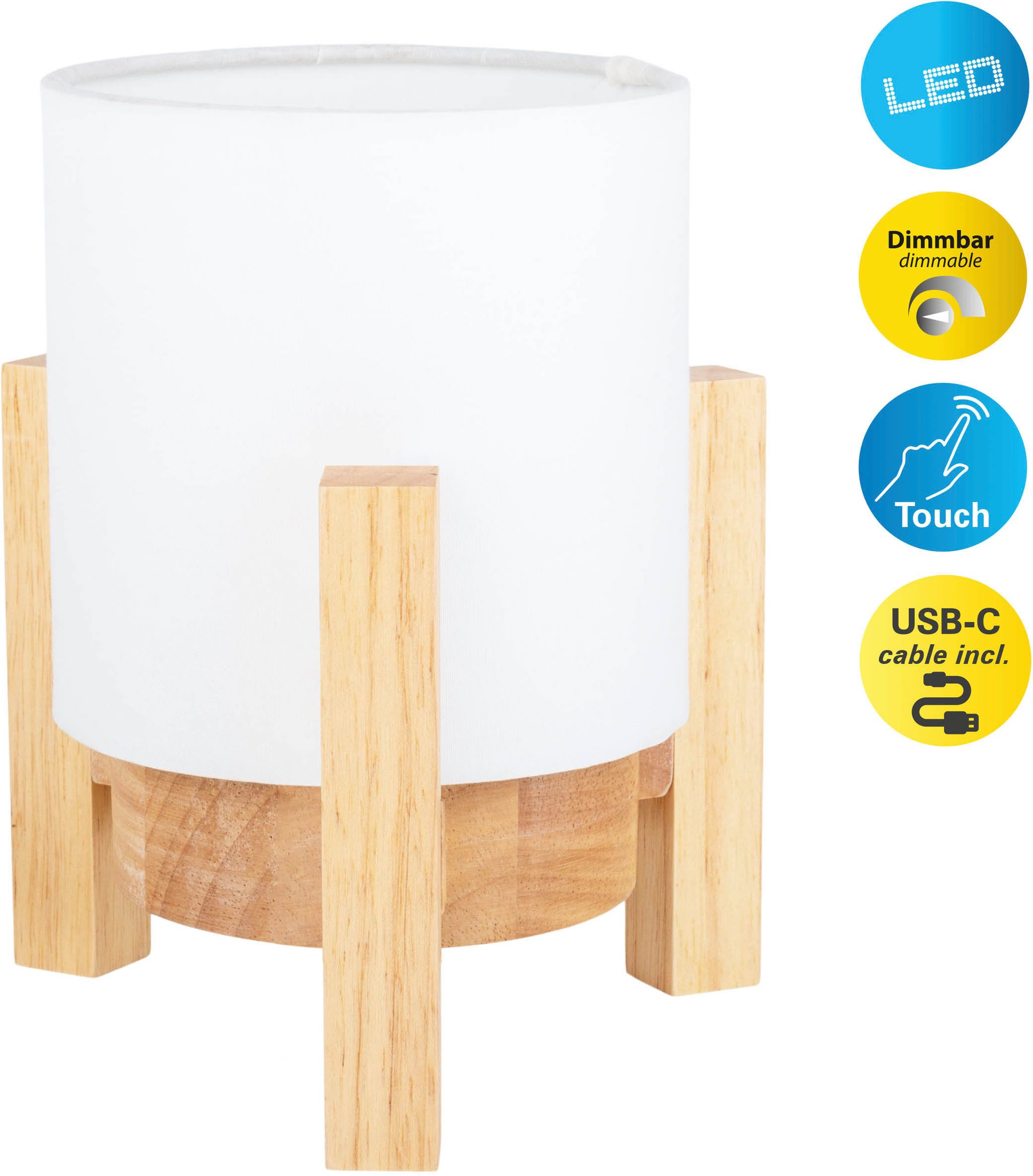 näve Led-tafellamp Matida Accu-werking, incl. USB-C-kabel, houten frame, textielscherm, dimbaar (1 stuk) tafellampen beige