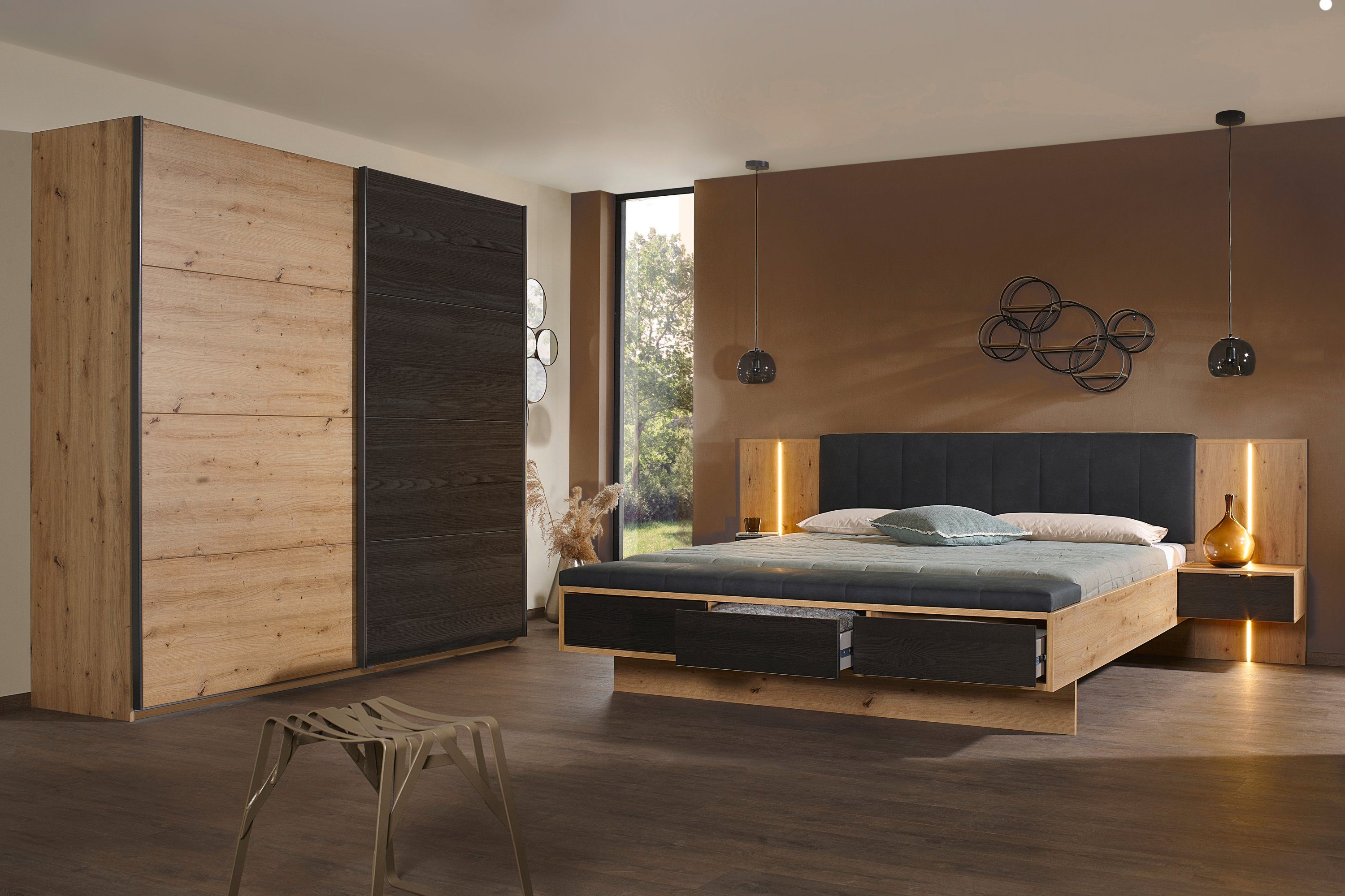 rauch Ledikant Bed Tweepersoons Futonbed APOLLON 2 hang-nachttafels, panelen met verlichting made in germany (set, 5-delig)