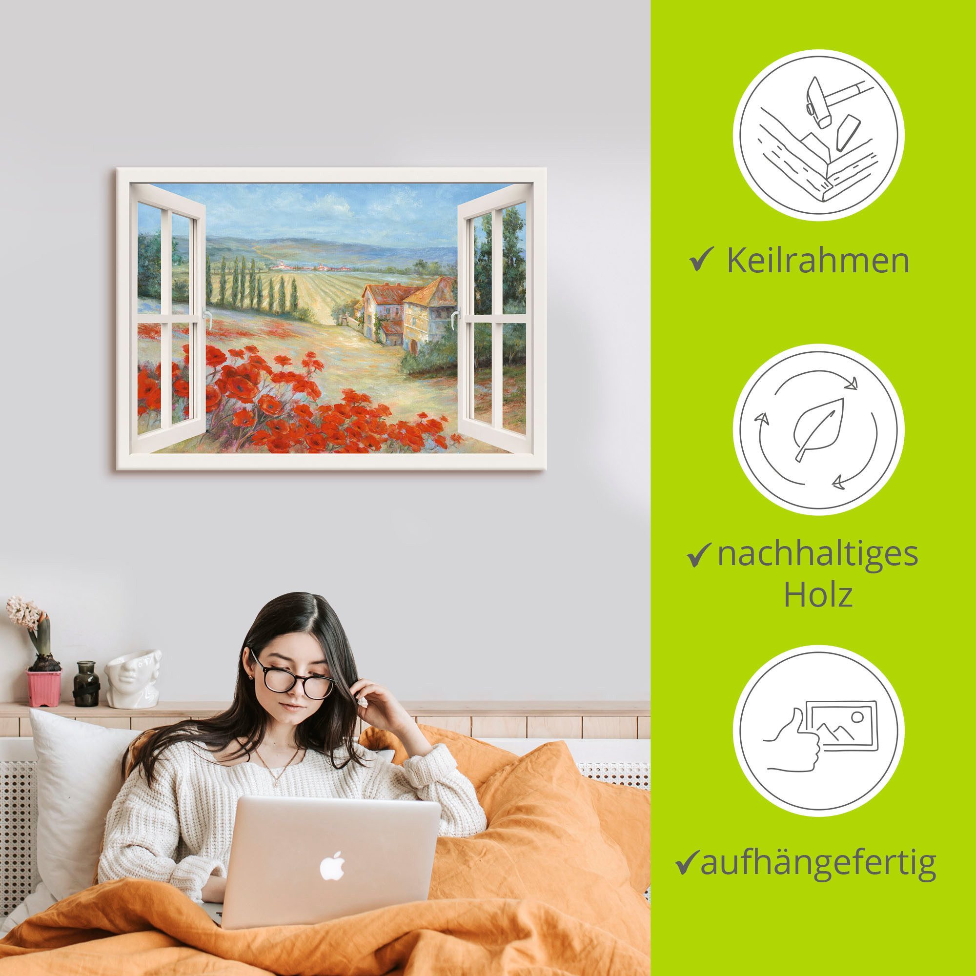 Artland Artprint op linnen Papaverlandschap gespannen op een spieraam