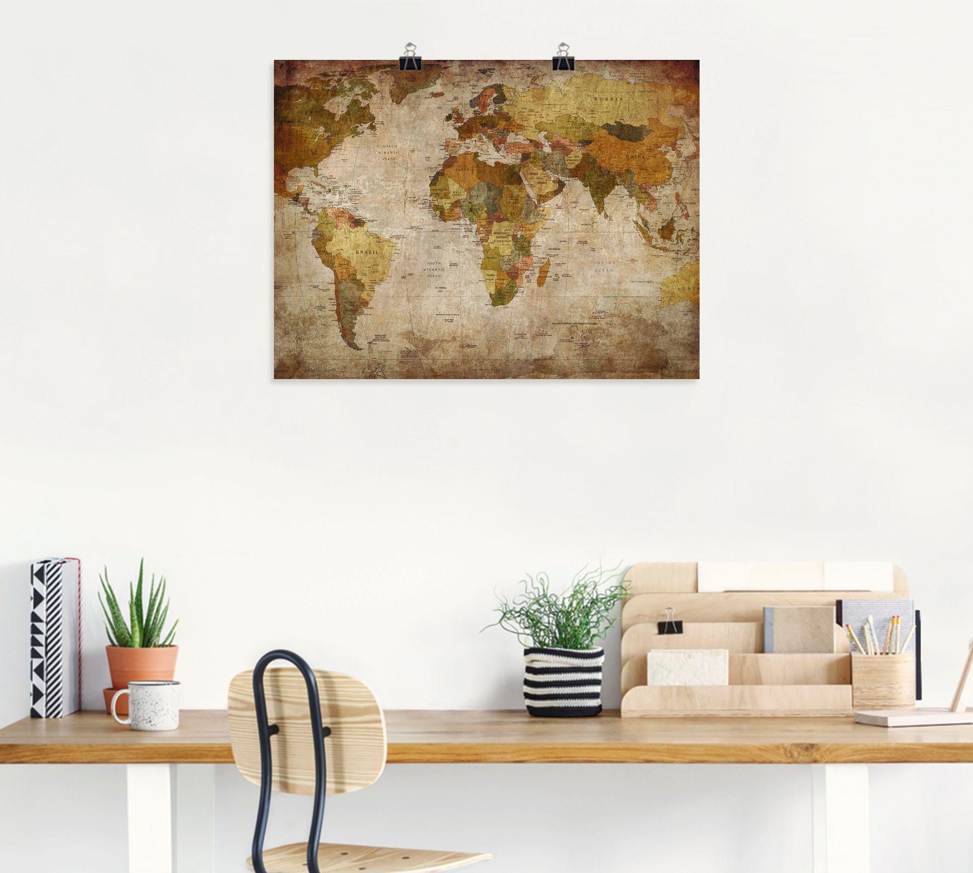 Artland Artprint Wereldkaart als artprint van aluminium, artprint voor buiten, artprint op linnen, poster, muursticker