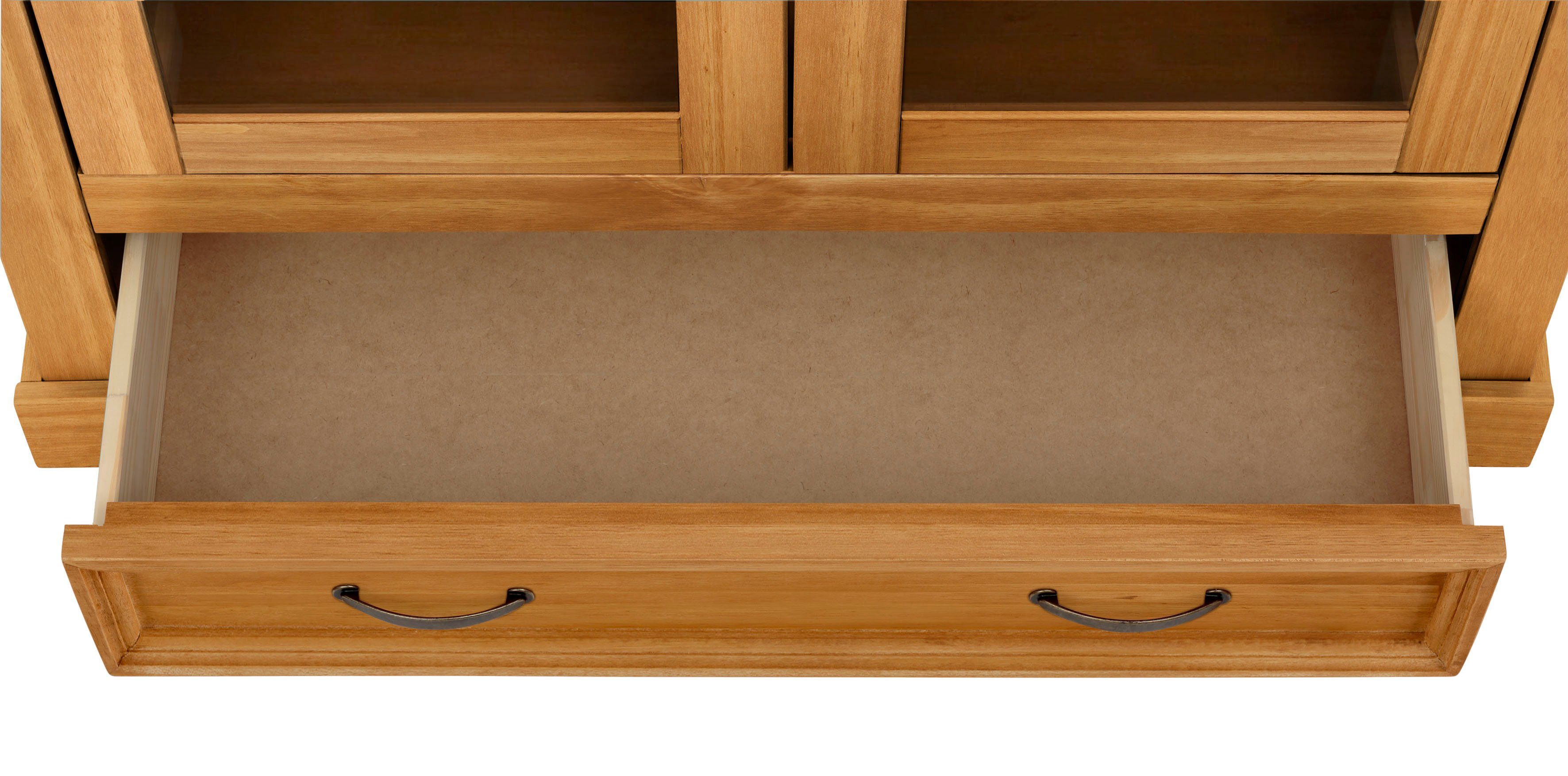 Home affaire Vitrinekast Selma Highboard gemaakt van massief grenen, met metalen handgrepen in een antieke look