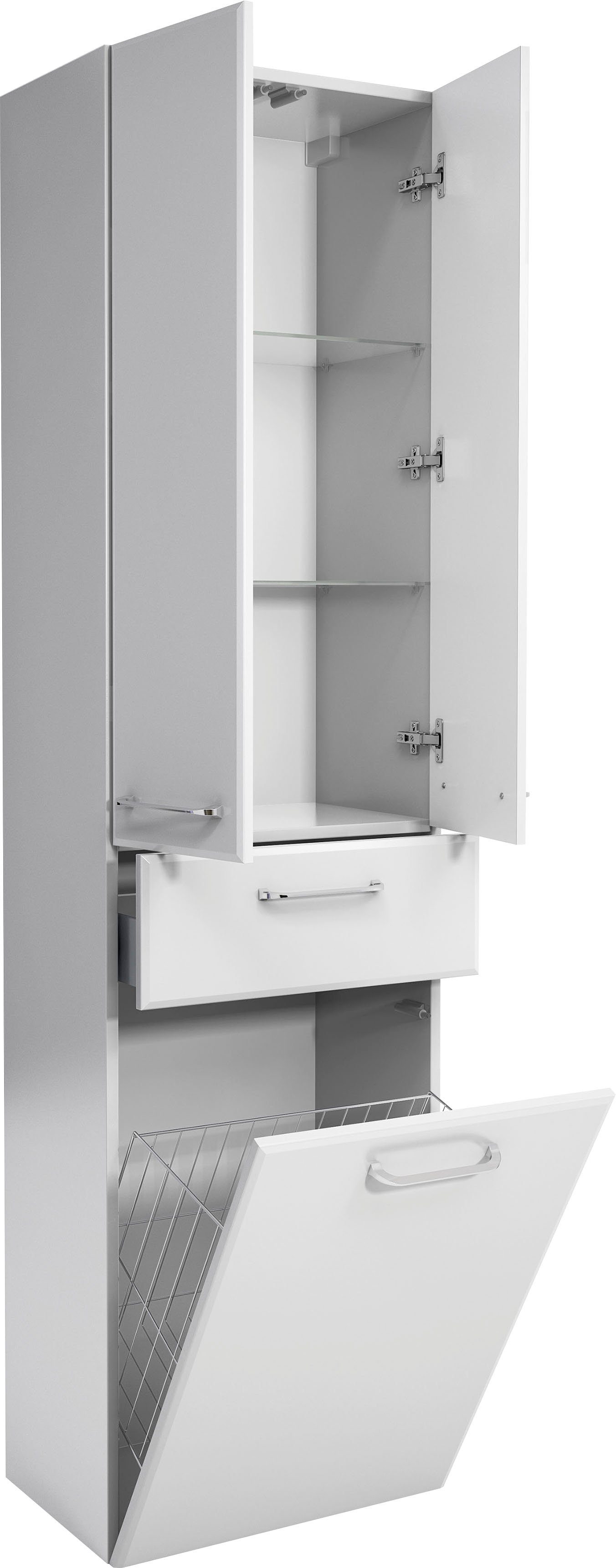 Saphir Hoge kast Quickset badkamermeubel 50 cm breed, 2 deuren, 1 lade, 1 waslade Hoge badkamerkast inclusief deurdemper, grepen in glanzend chroom