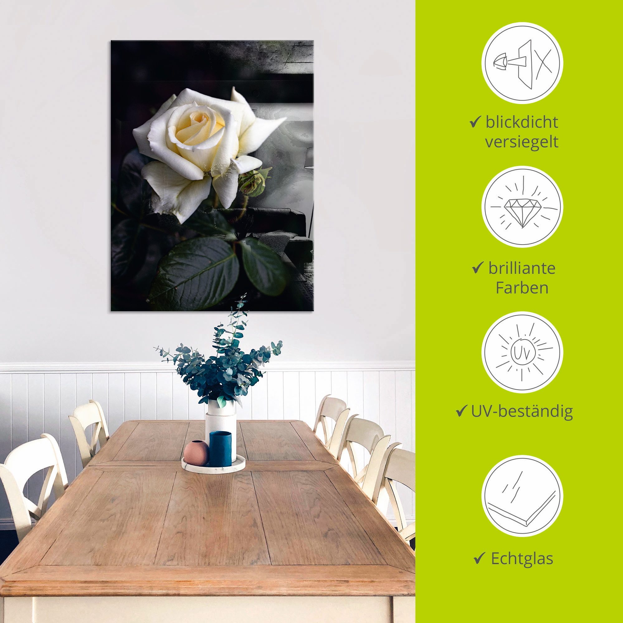 Artland Print op glas Wit-gele roos in verschillende maten