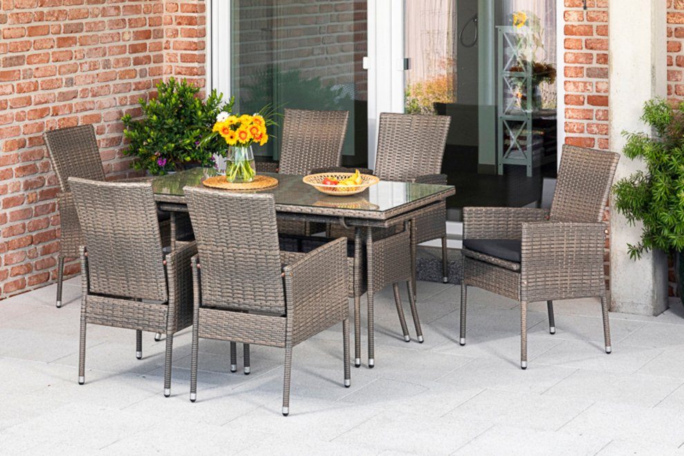 MERXX Tuin-eethoek Sevilla 6 fauteuils met zitkussen, uittrekbare tafel, steenbeige (7-delig)