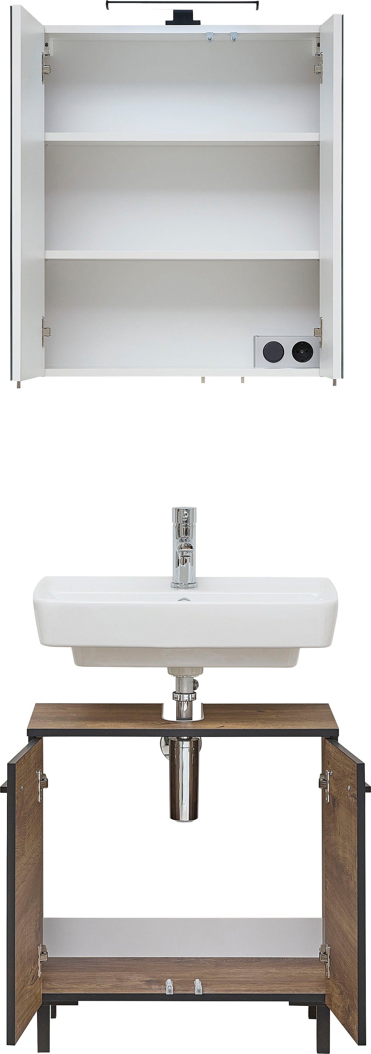 Saphir Badkamerserie Quickset wastafelonderkast met LED-spiegelkast Wastafelmeubel 60 cm breed, inclusief deurdemper, 4 deuren, badkameraccessoireset (4-delig)