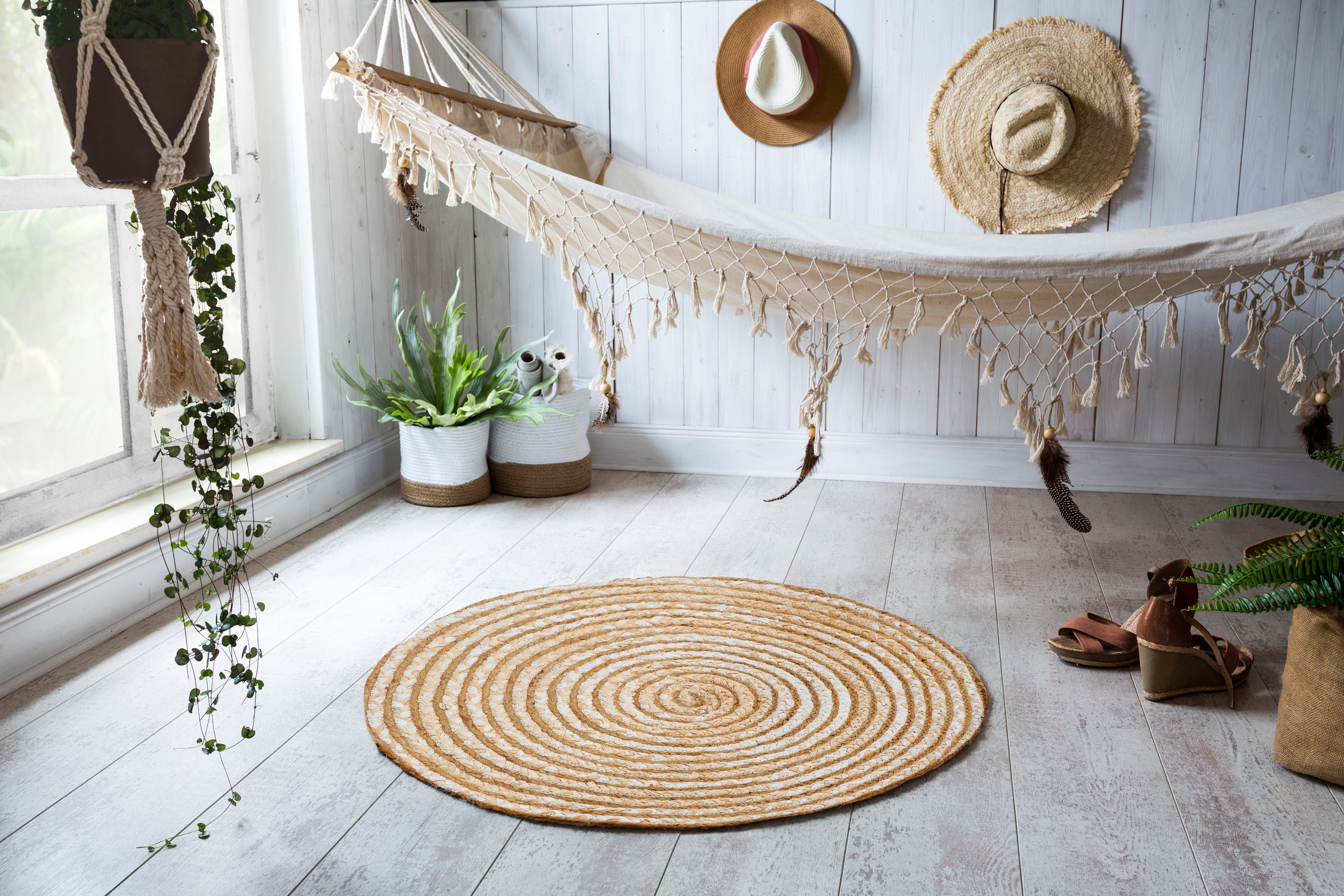 Barbara Becker Vloerkleed Ethno Platweefsel, met de hand gevlochten, ø 80 cm, van jute & gerecycled katoen