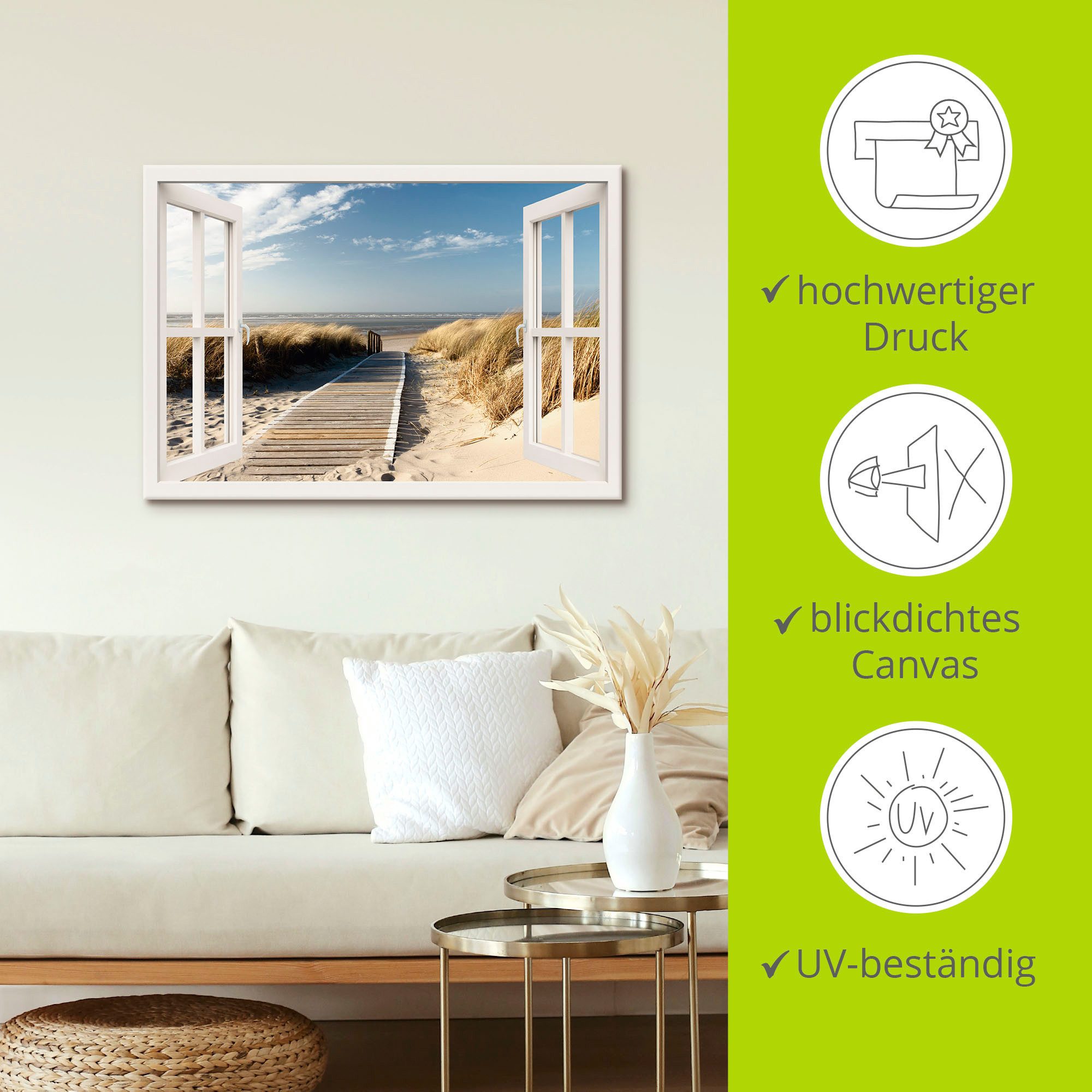 Artland Artprint Blik uit het venster Noordzeestrand op Langeoog als artprint op linnen, poster, muursticker in verschillende maten