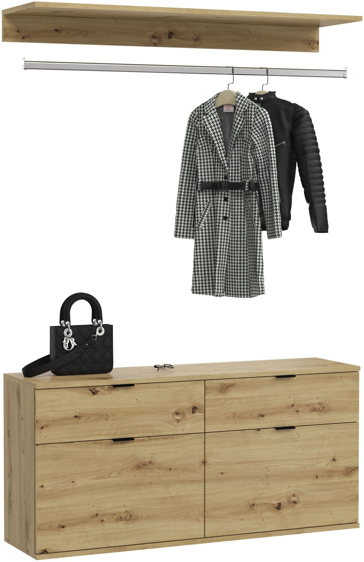 INOSIGN Halmeubelset Trondheim, Breedte 121 cm, bestaande uit Commode, Kledingstang & Plank (3-delig) wandkapstokken