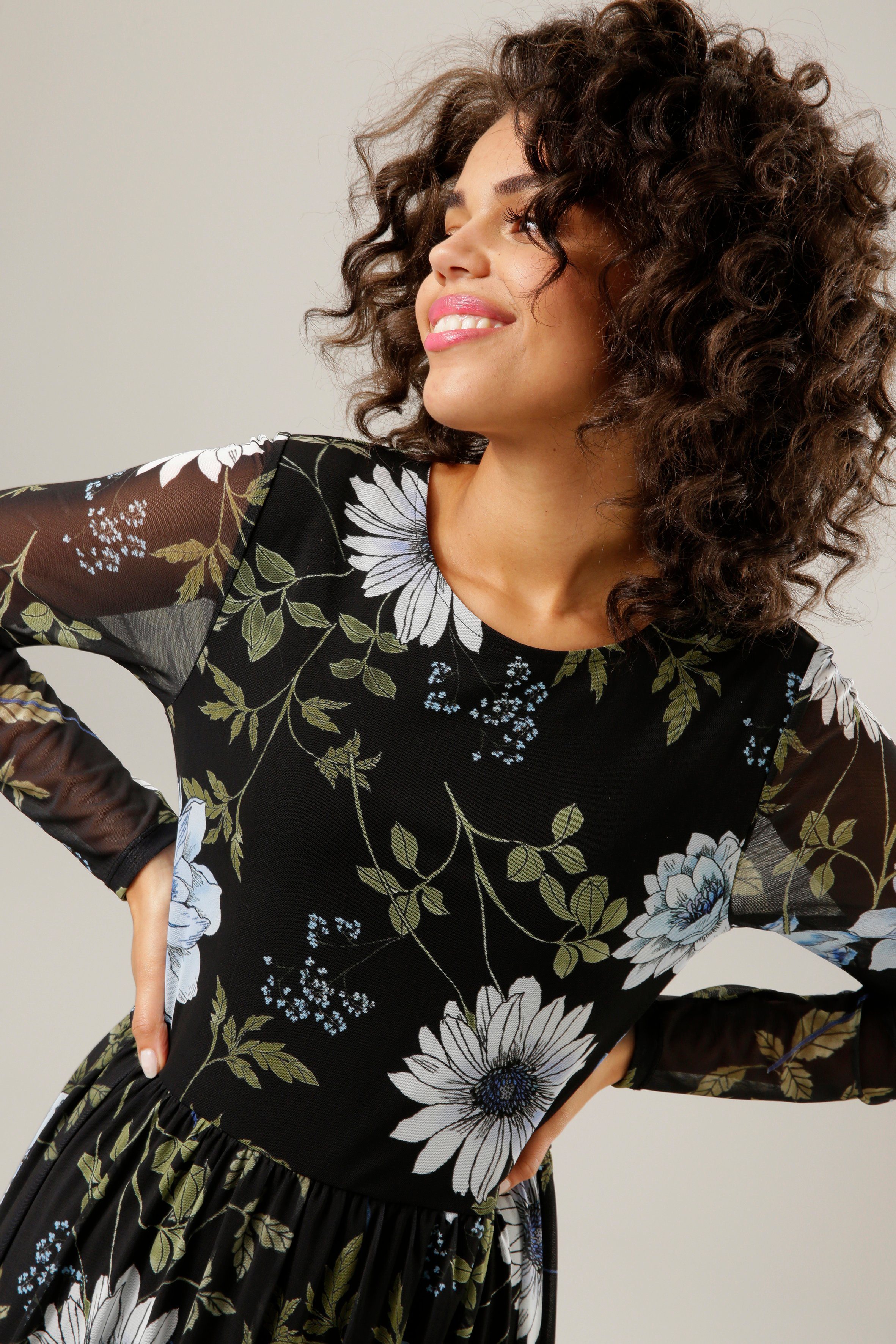 Aniston CASUAL Midi-jurk met grote bloemen- en bladprint