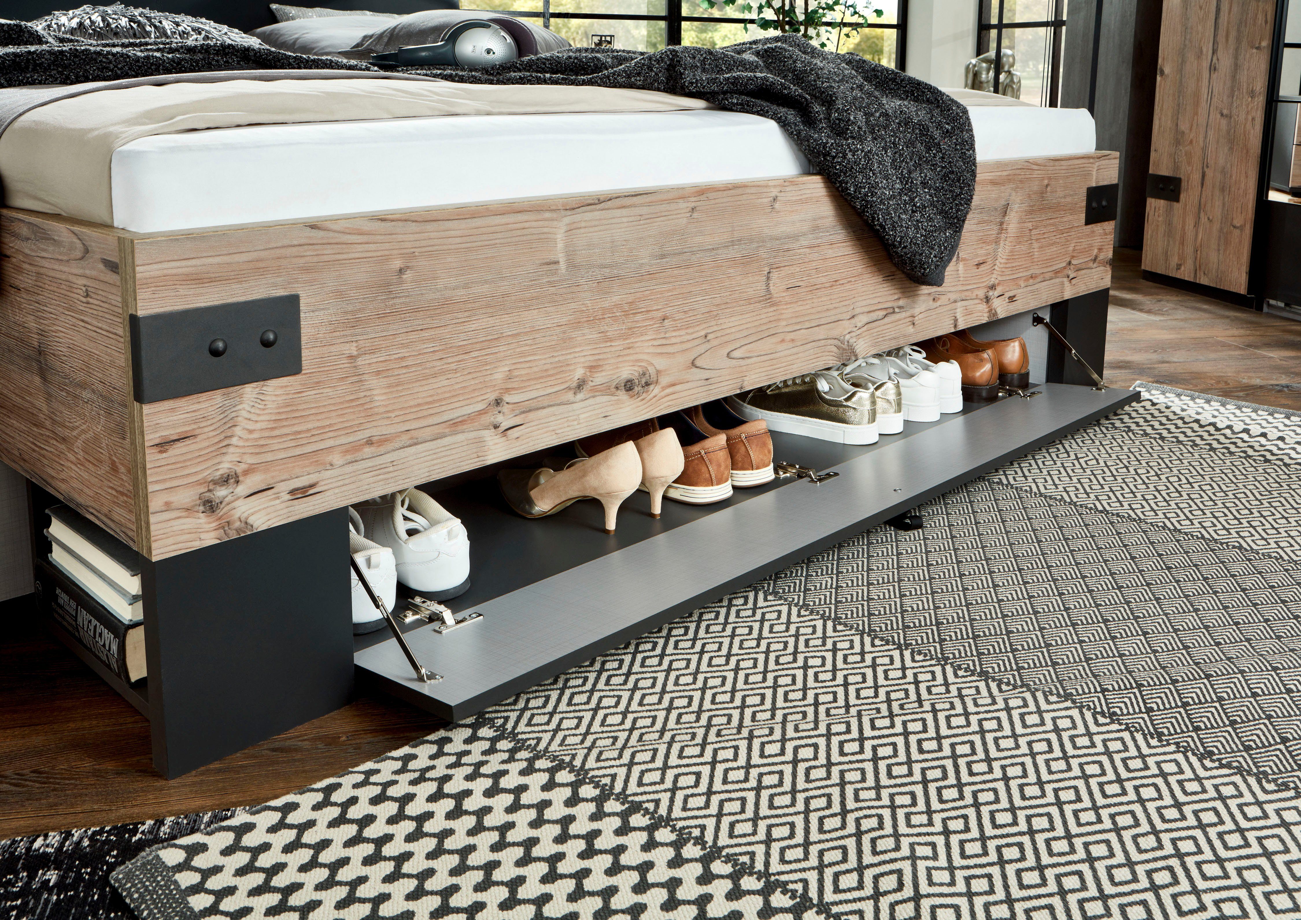 Wimex Slaapkamerserie Stockholm, rustieke look in industrieel ontwerp 6-delig, kledingkast met spiegel, bed inclusief lades (set)
