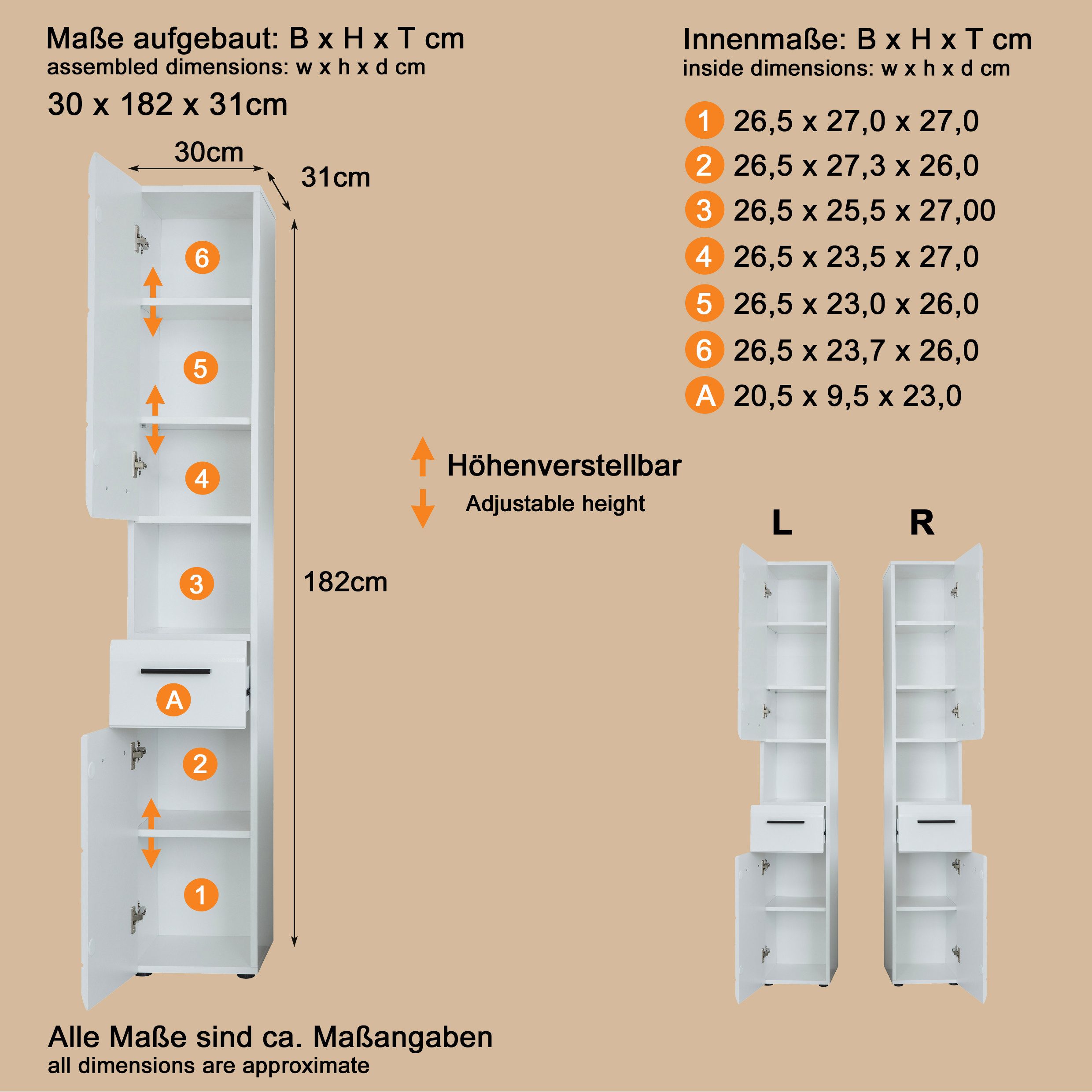 welltime Hoge kast Sovana Badkast met een lade en 5 vakken - (B/D/H) 30/31/182 cm