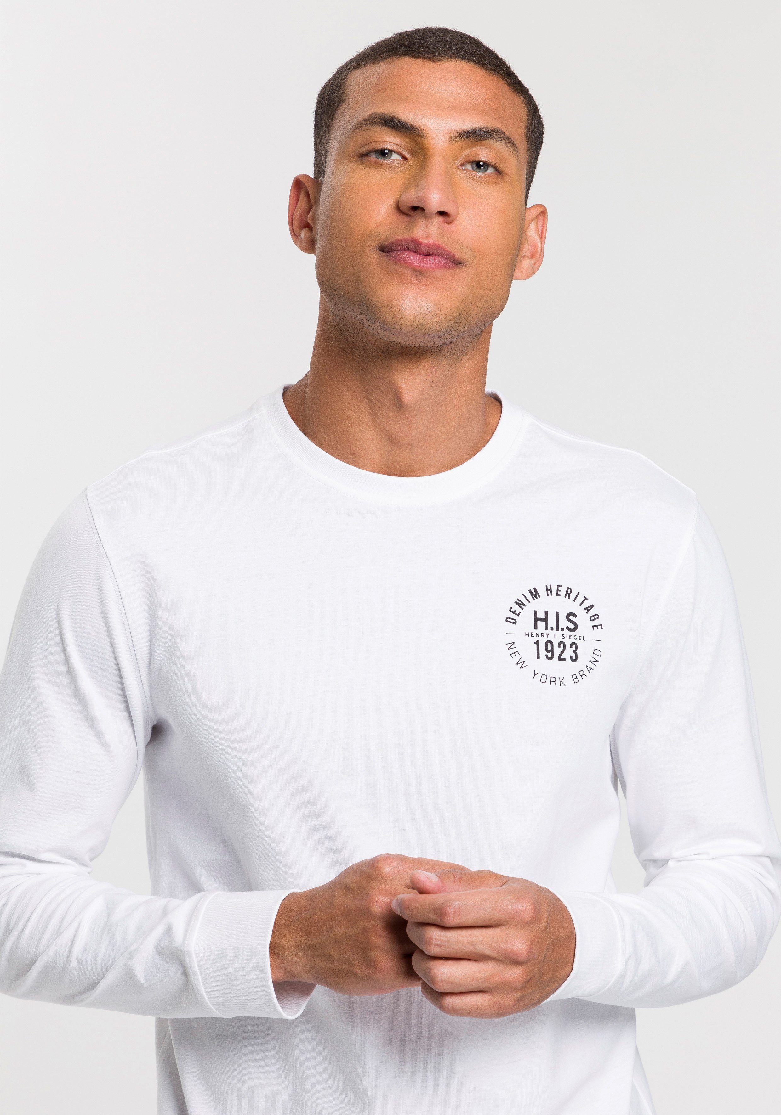 H.I.S Shirt met lange mouwen Lange mouwen, bedrukt, ronde hals, van 100% katoen (2-delig, Set van 2)