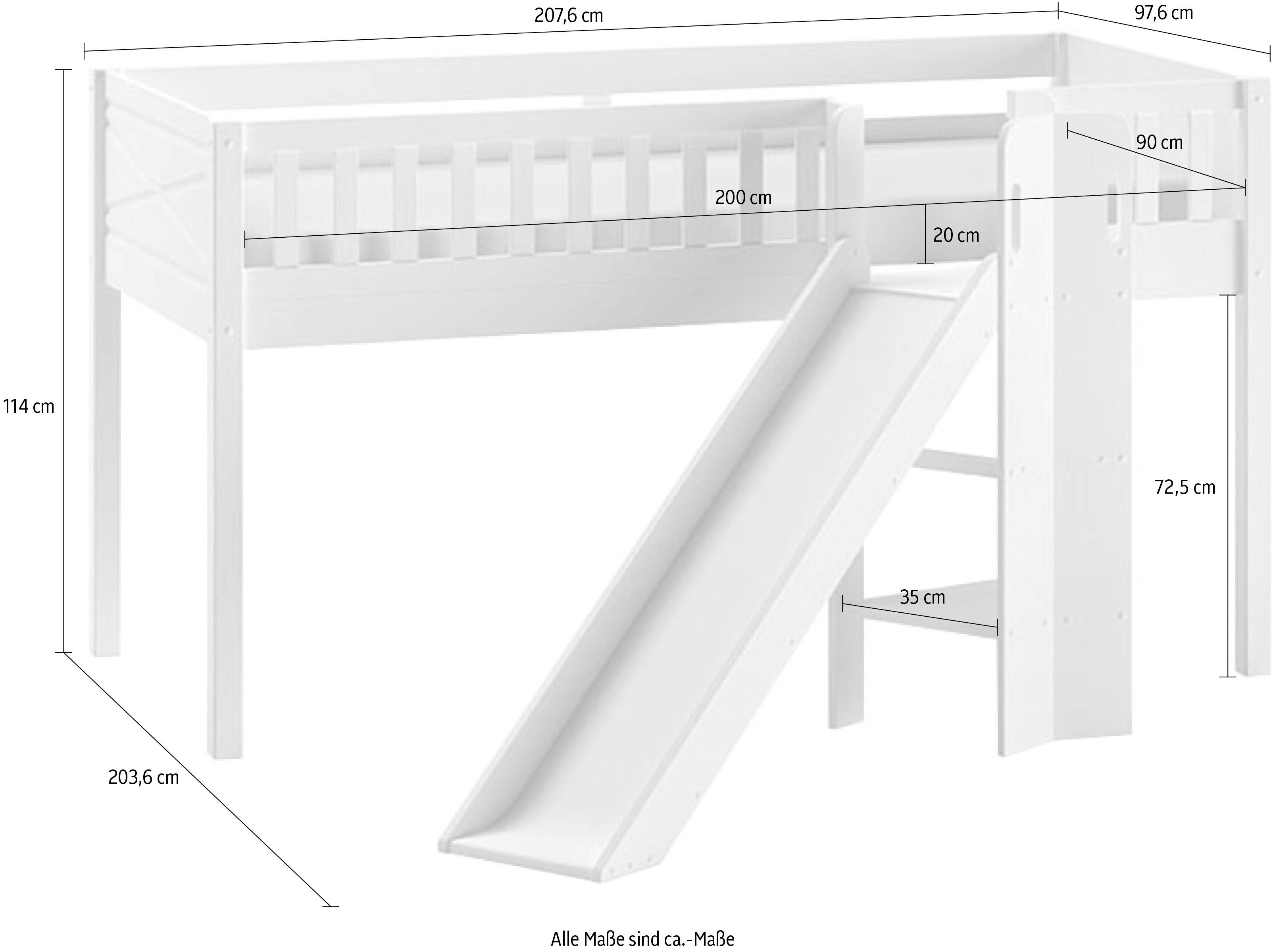 Vipack Hoogslaper Scott m. oprolbare bedbodem, ligoppervlak 90 x 200 cm, wit gelakt grenen, met of zonder glijbaan