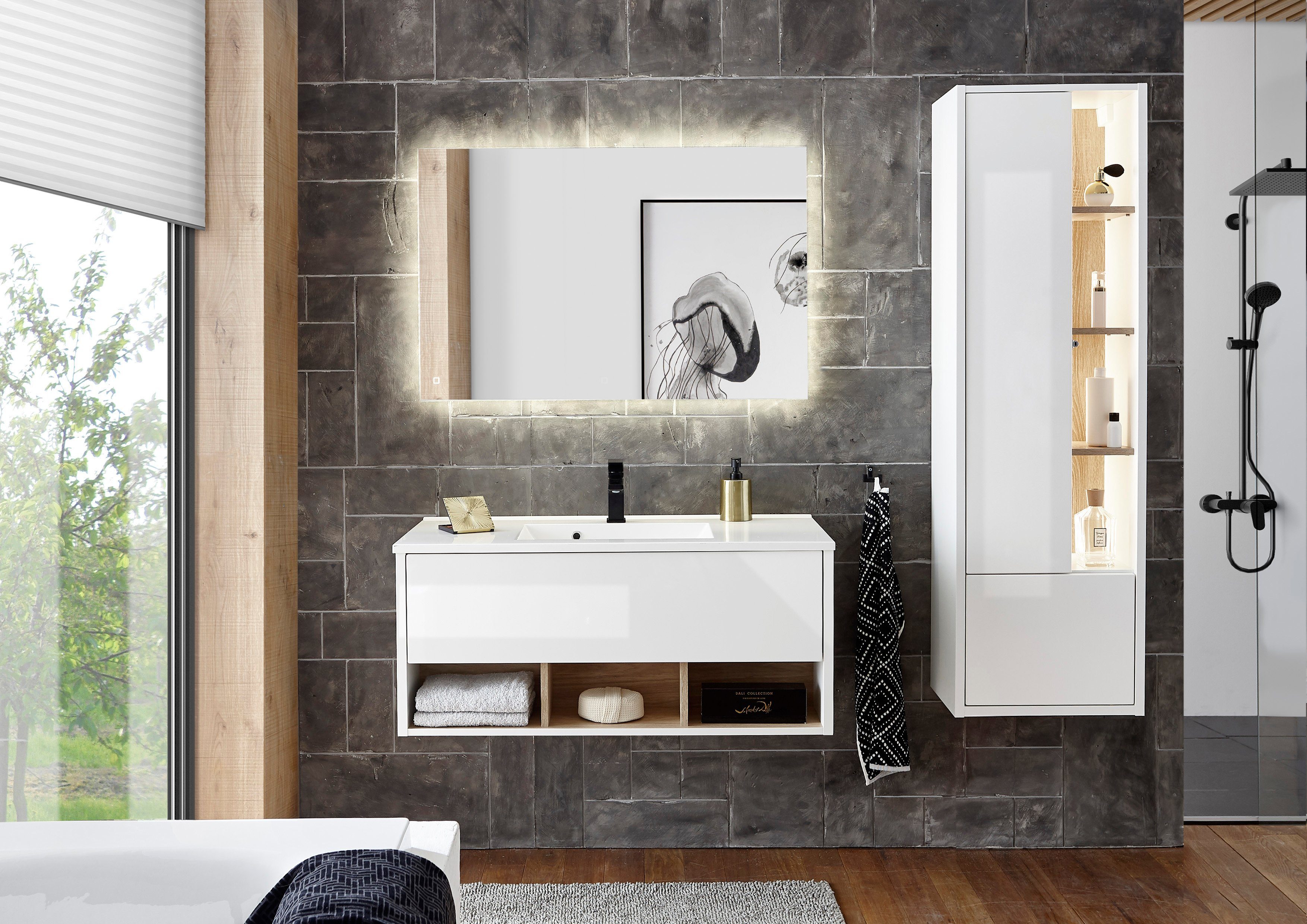 Places of Style Badkamerserie Studio Line, bad in modern ontwerp, 3-delig badkamer Kast, wastafel en spiegel, in twee kleuren beschikbaar, opbergruimte (3-delig)