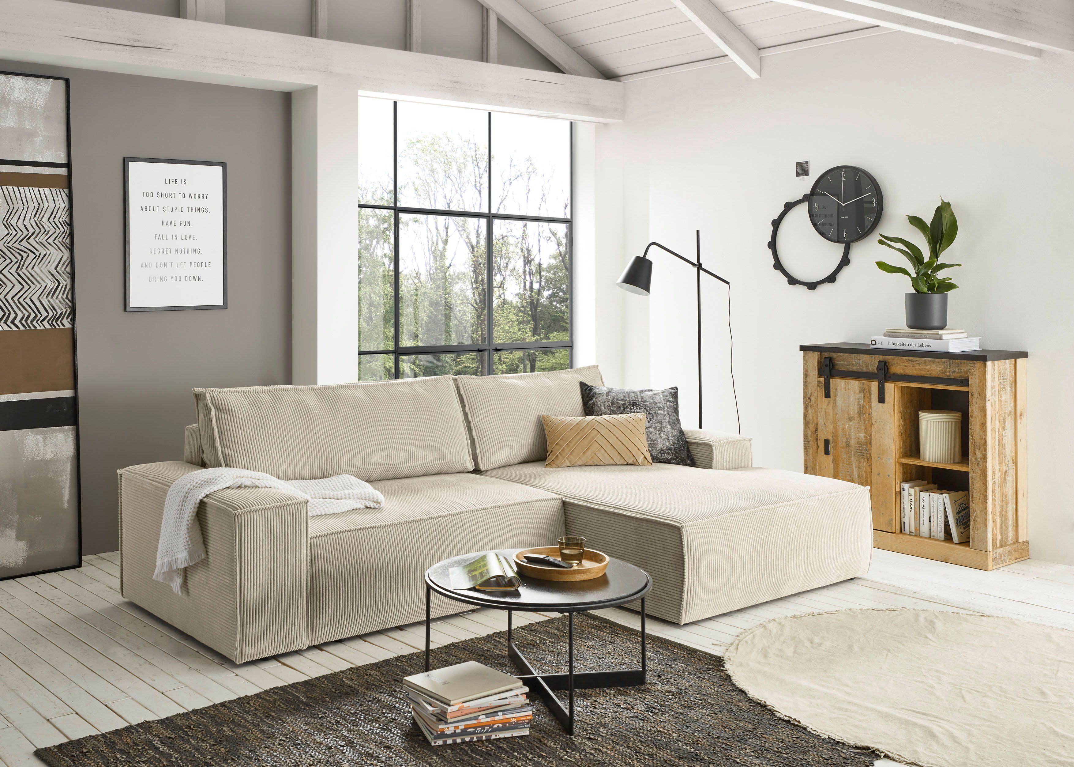 Home affaire Hoekbank SHERWOOD bedbank 267 cm, L-model, Slaapfunctie met bedlade (210x136 cm), cord, vintage, fluweel