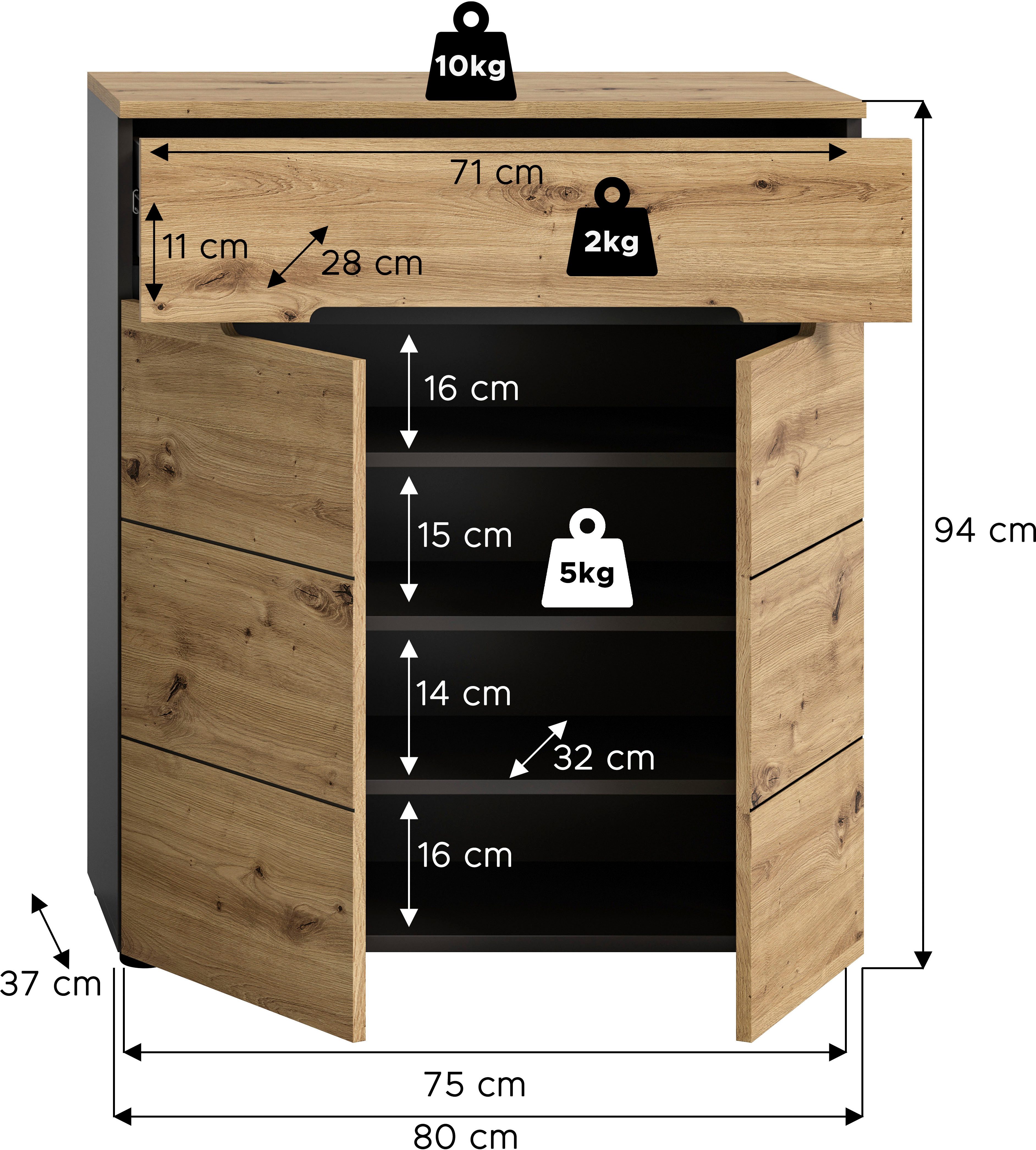 INOSIGN Schoenenkast Rehat, Breedte 80cm, Basaltgrijs/Artisan Eik, 2 deuren, 1 lade