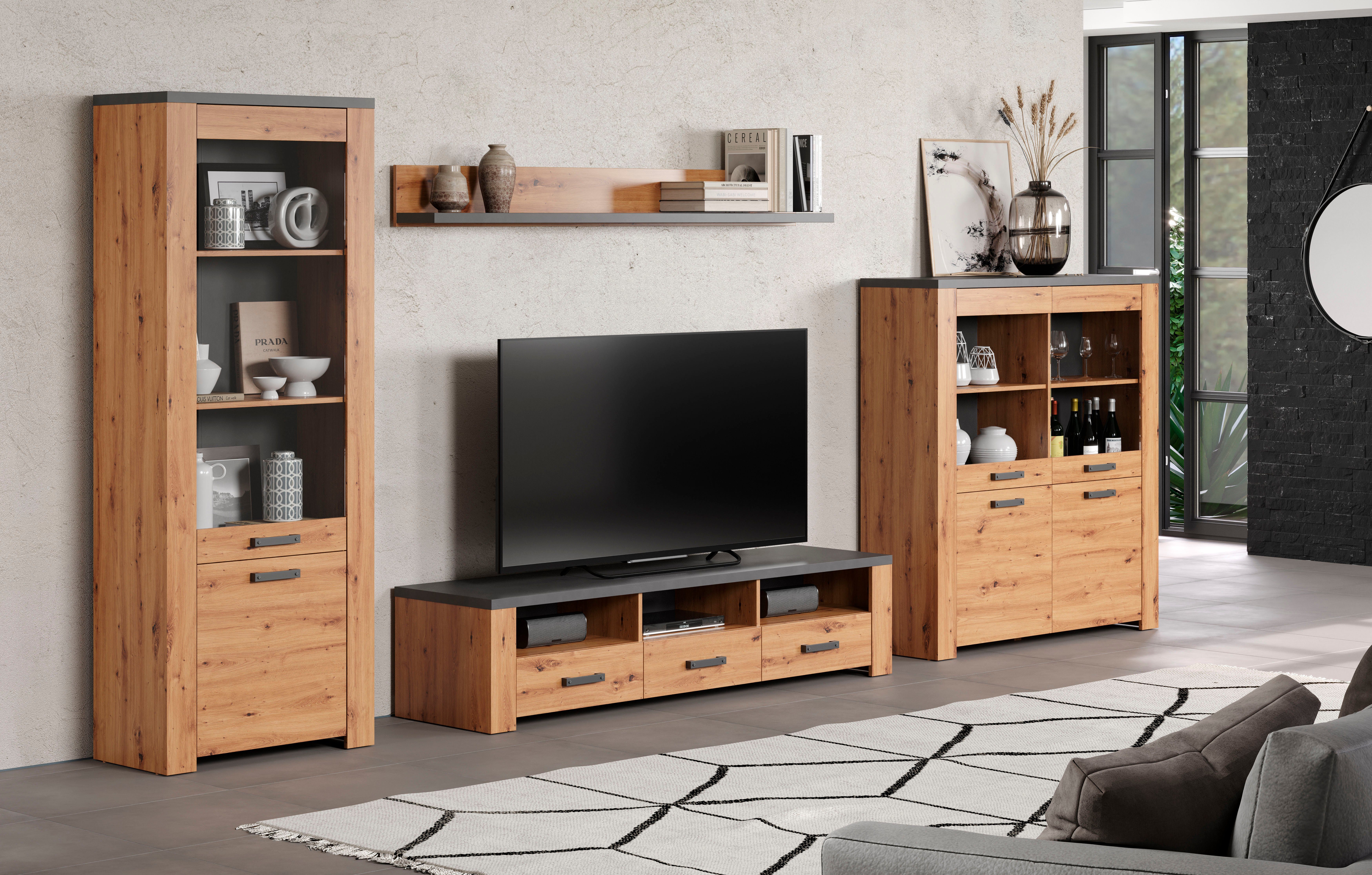 Home affaire Tv-wandmeubel Ambres Moderne tv-set, echt-hout-look, breedte ca. 409 cm, mat (4-delig)