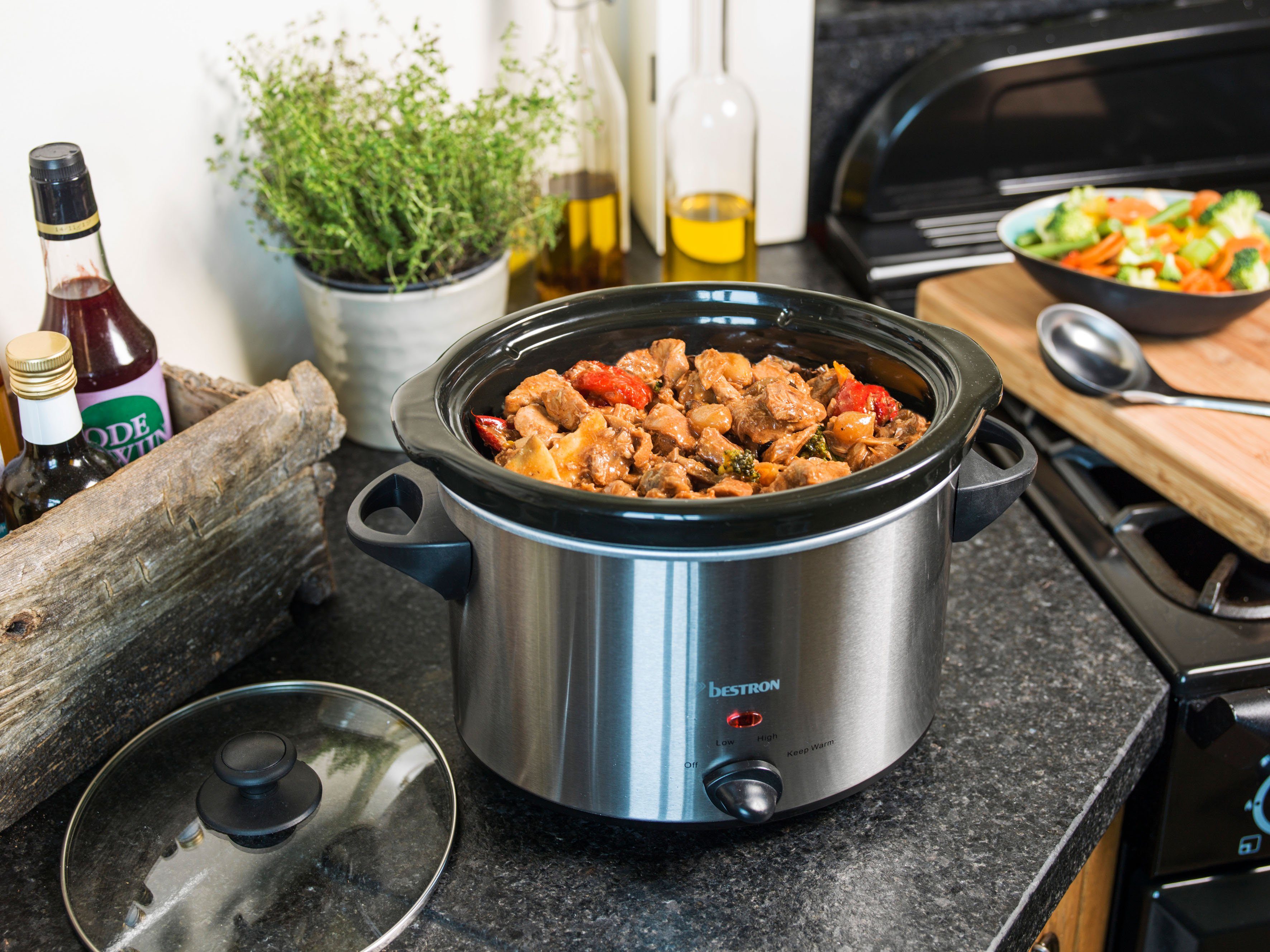 bestron Slowcooker ASC350 met keramische pan en glazen deksel, 3,5 liter, edelstaal