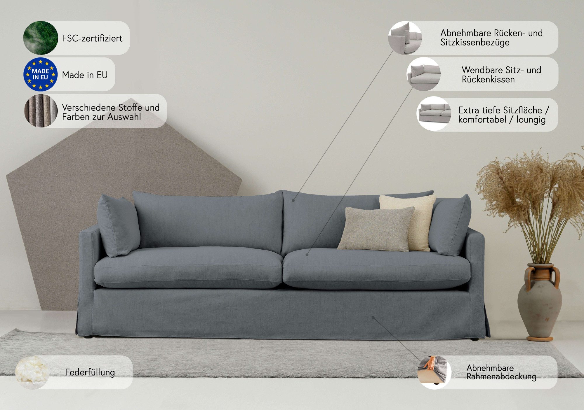 andas 3-zitsbank Joucas, Hoekbank, Breedte 244 cm extra diepe zitting, met vezelbalvulling voor meer zitcomfort (1 stuk)