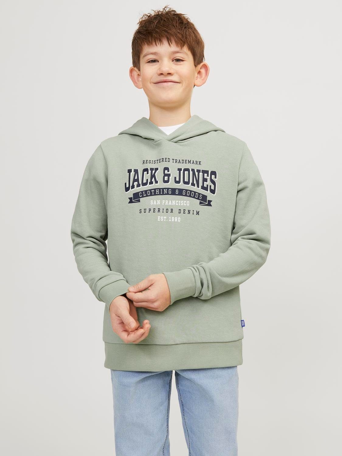 Jack & jones JUNIOR hoodie JJELOGO met tekst pistache groen Sweater Tekst 152