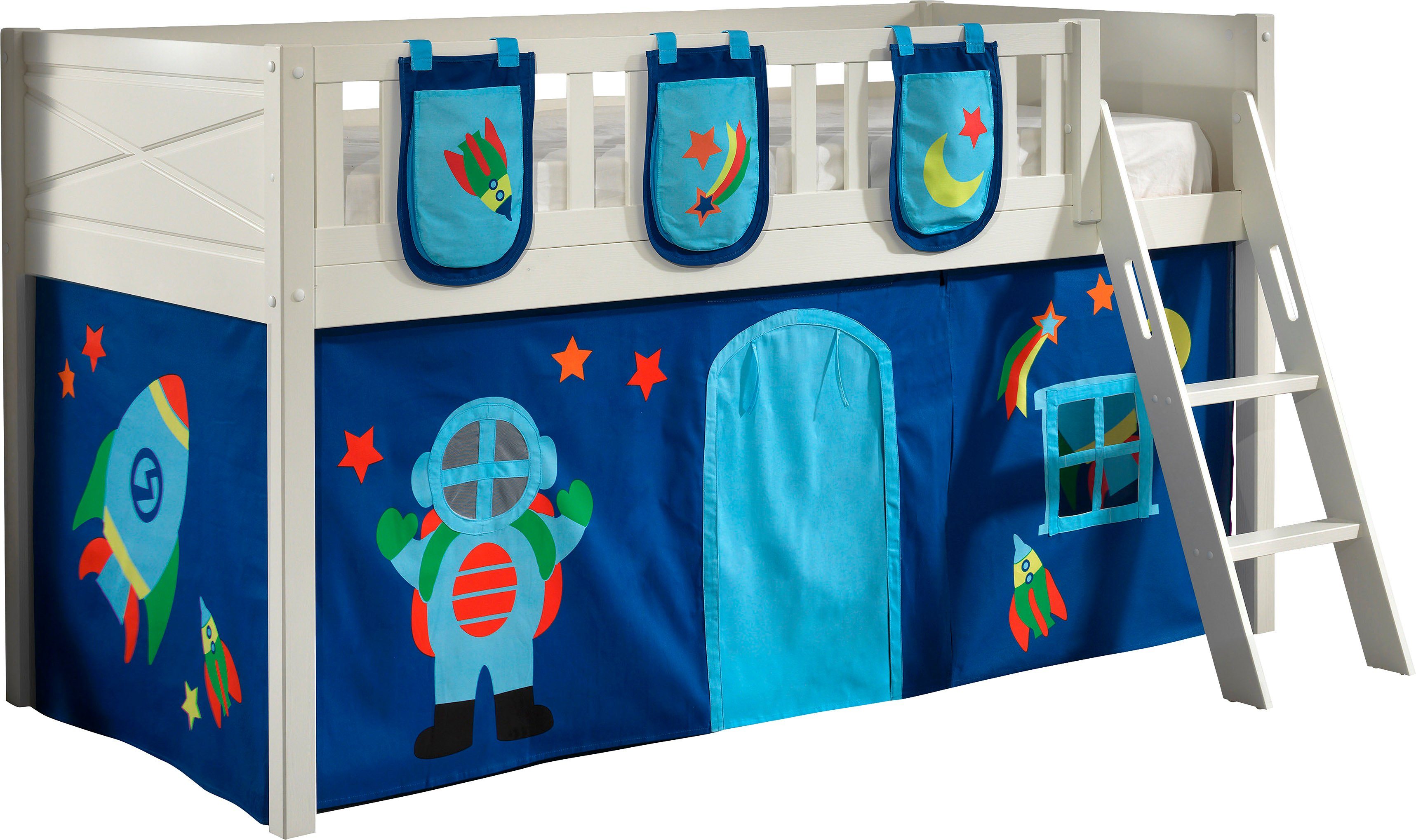 Vipack Hoogslaper Scott met schuine ladder, ligoppervlak 90 x 200 cm, doek, pockets, 4 designs hoogslapers wit