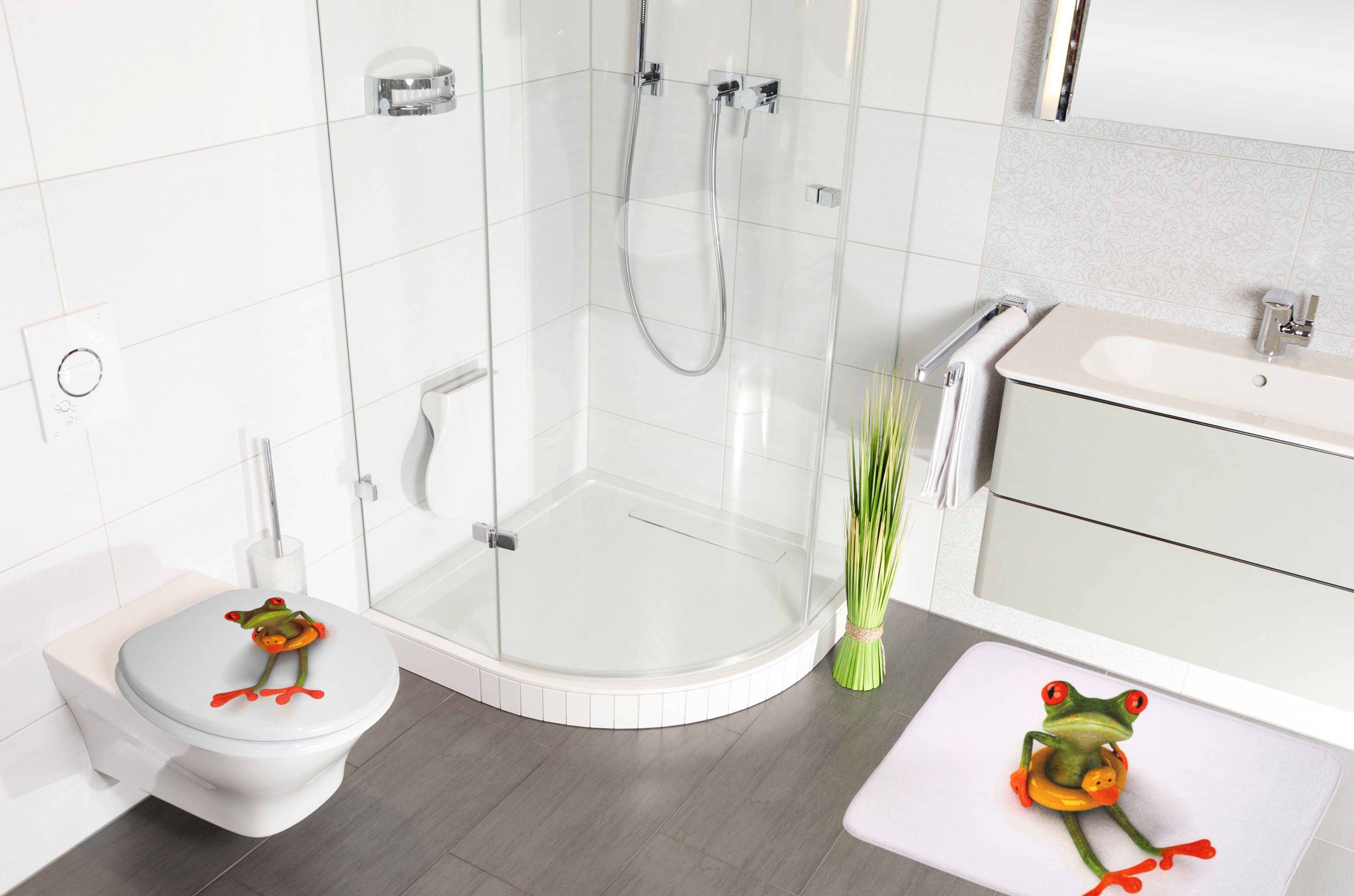 Sanilo Set badkameraccessoires Froggy bestaand uit toiletzitting, badmat en wastafelplug (complete set, 3-delig)