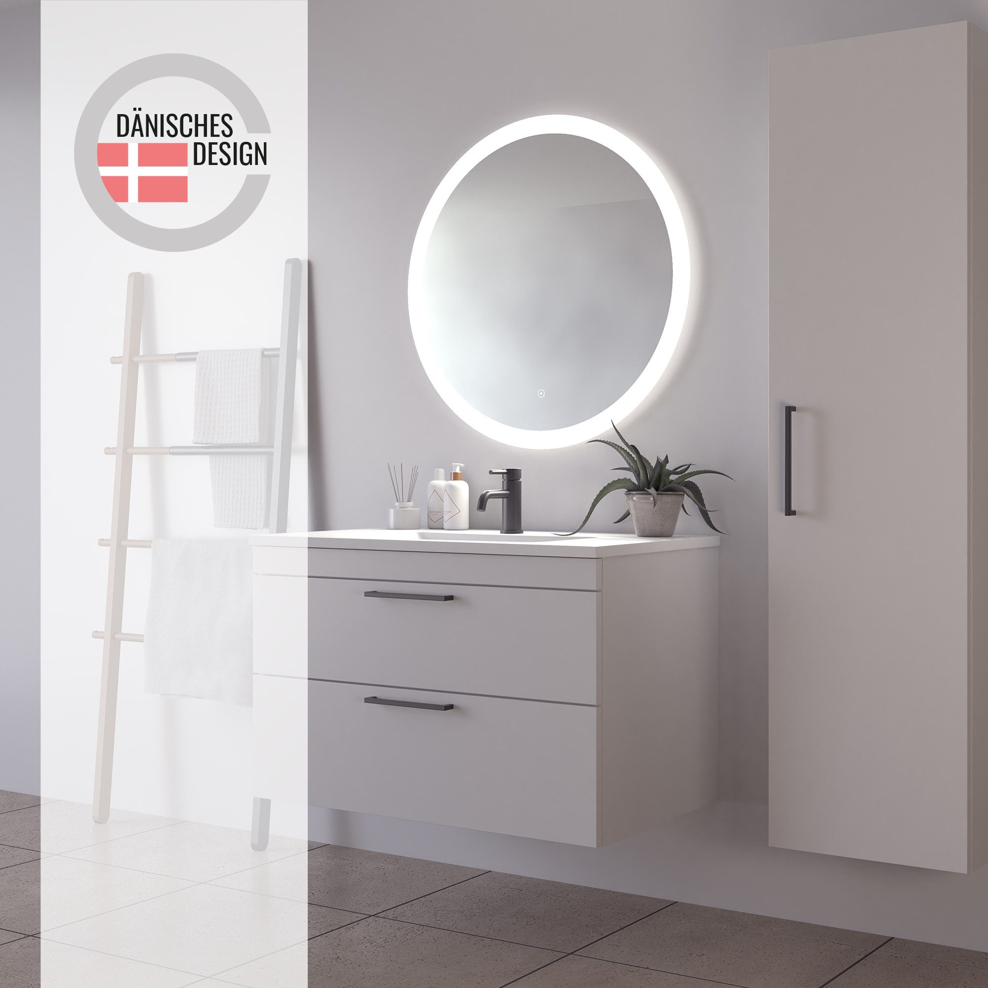 Loevschall Badspiegel Vega rond, badkamerspiegel met LED-verlichting, lichtspiegel Touchpanel voor Lichtbediening, Dimbare Spiegel, Deens Ontwerp (1 stuk)