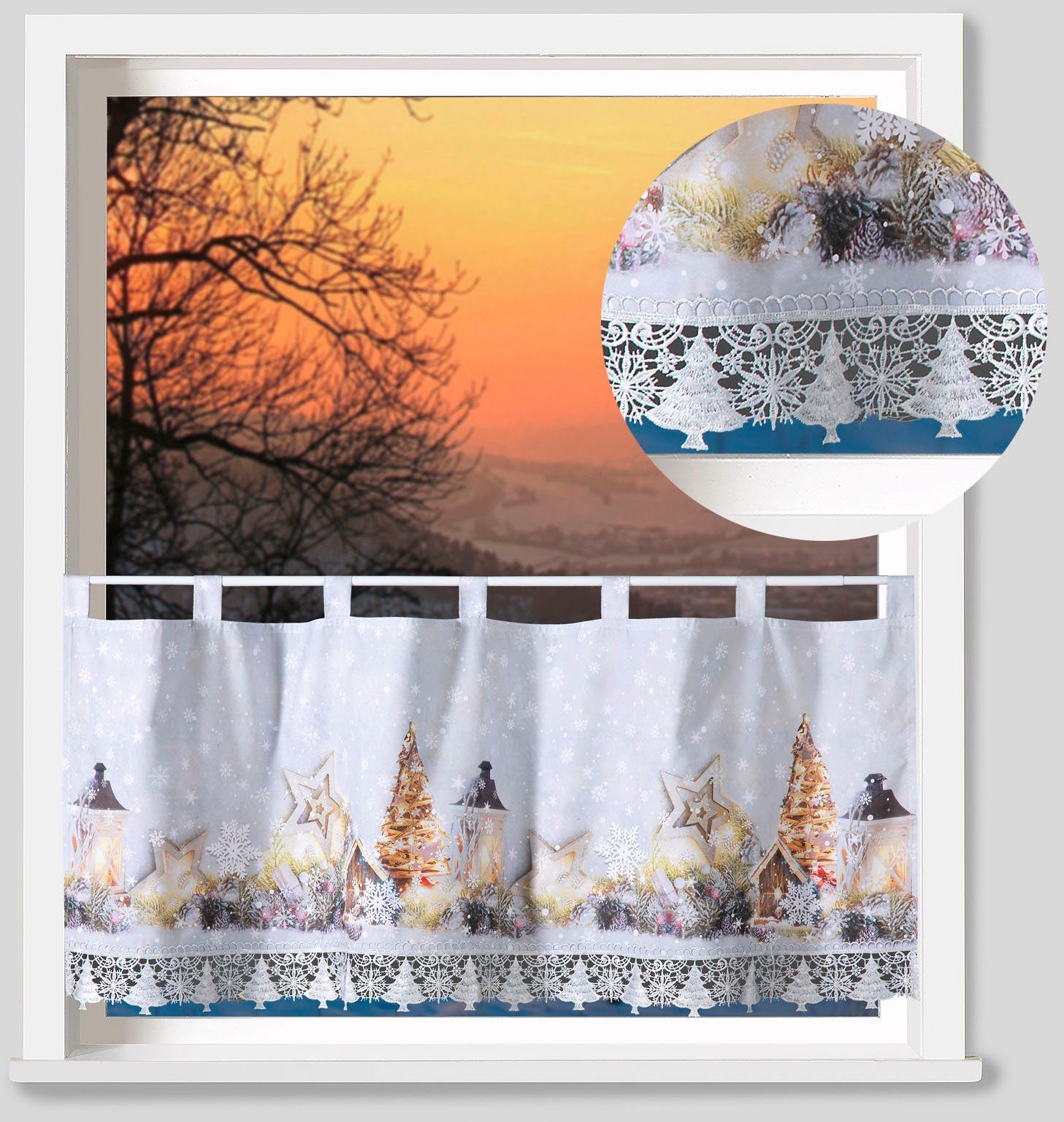 Weckbrodt Valletje Rustieke kerst Bistro, gordijn, ondoorzichtig, macramé-bies, HxB 45x120cm, store (1 stuk)