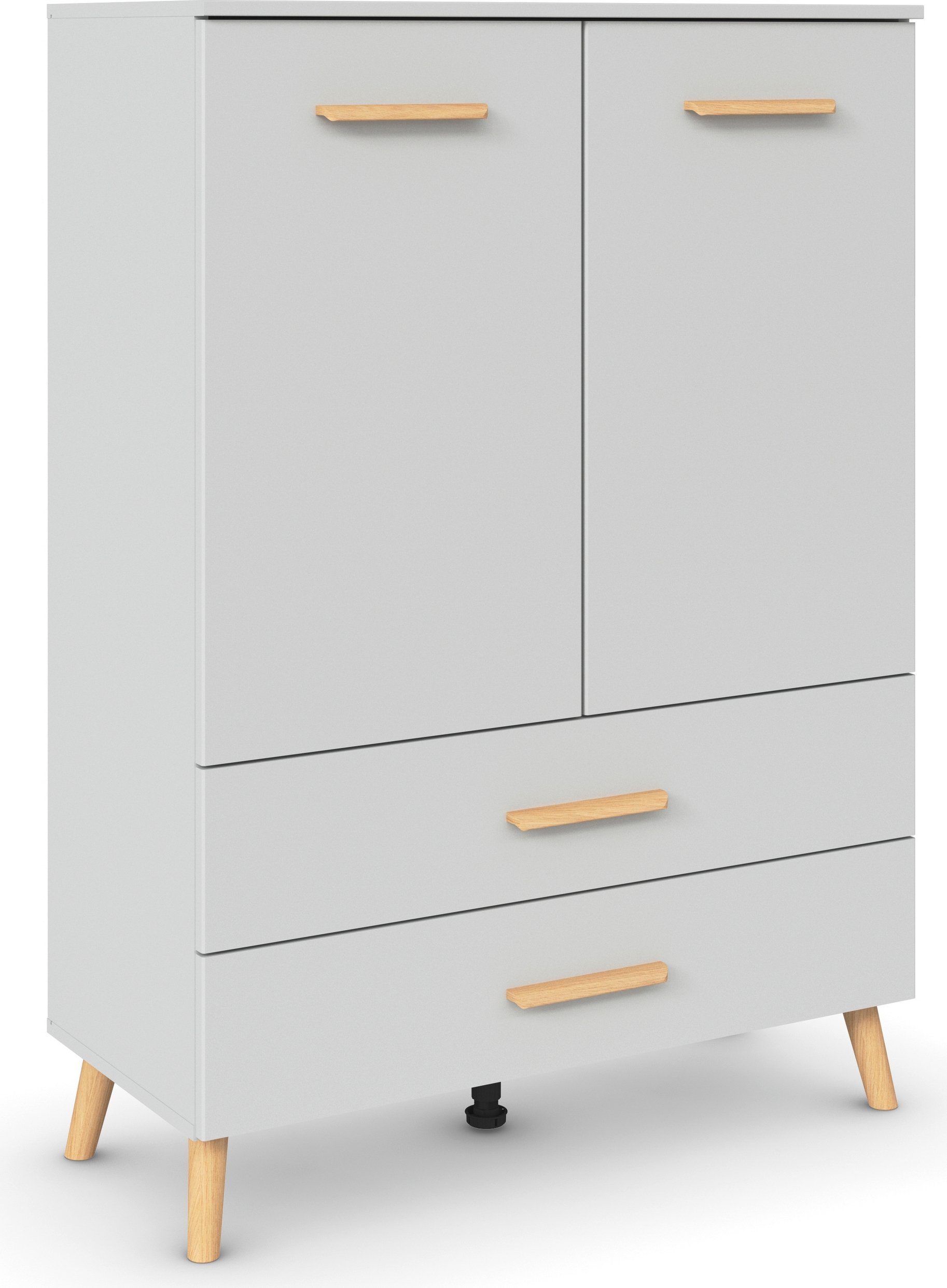 rauch Hoge kast Skandi by Aditio met massief houten grepen, 2 lades met softclose-functie commodes & ladekasten grijs