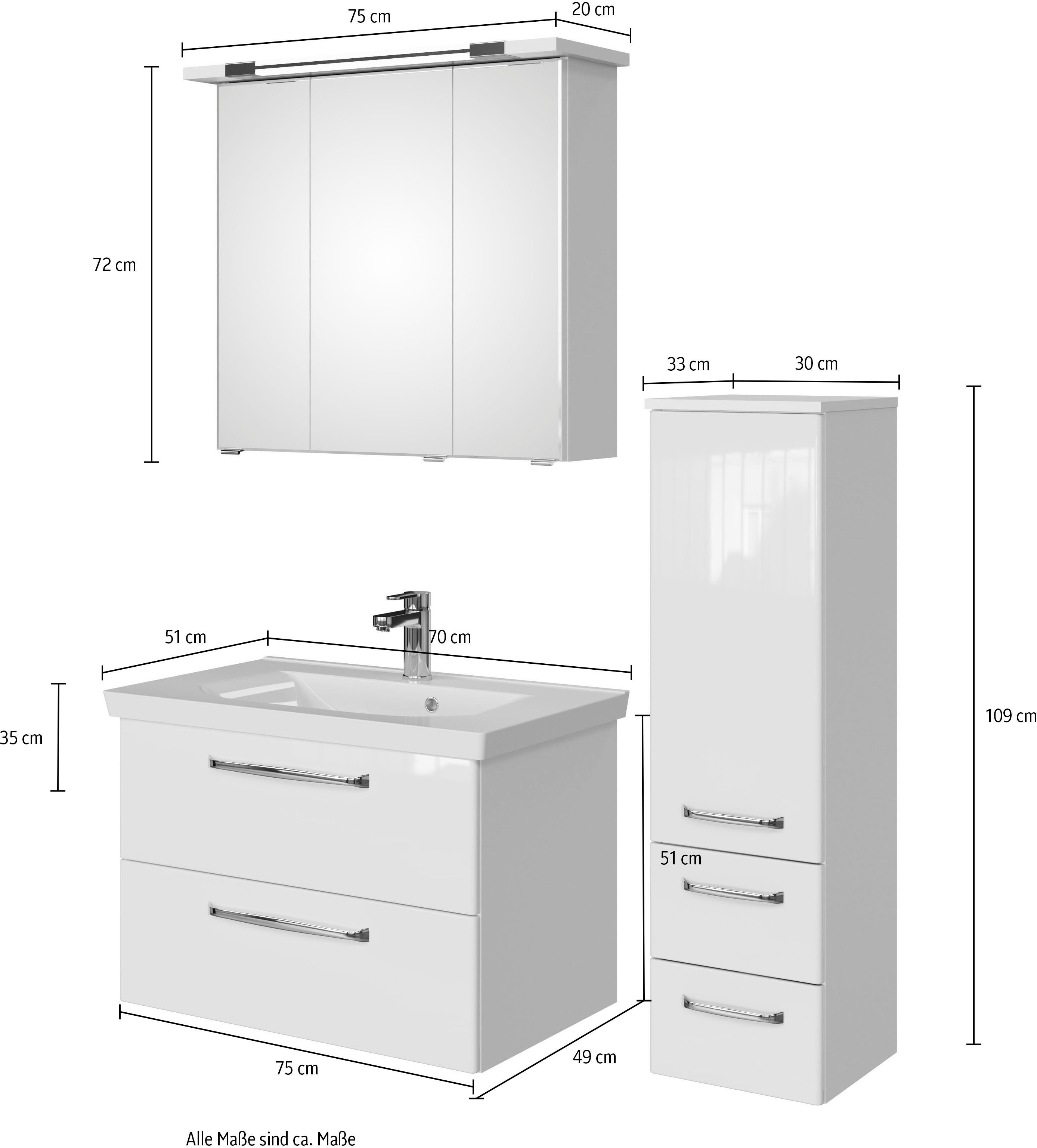 Saphir Badmeubelset Trentino 3-delig mineralen marmer wasbak, LED spiegelkast (4 stuks)