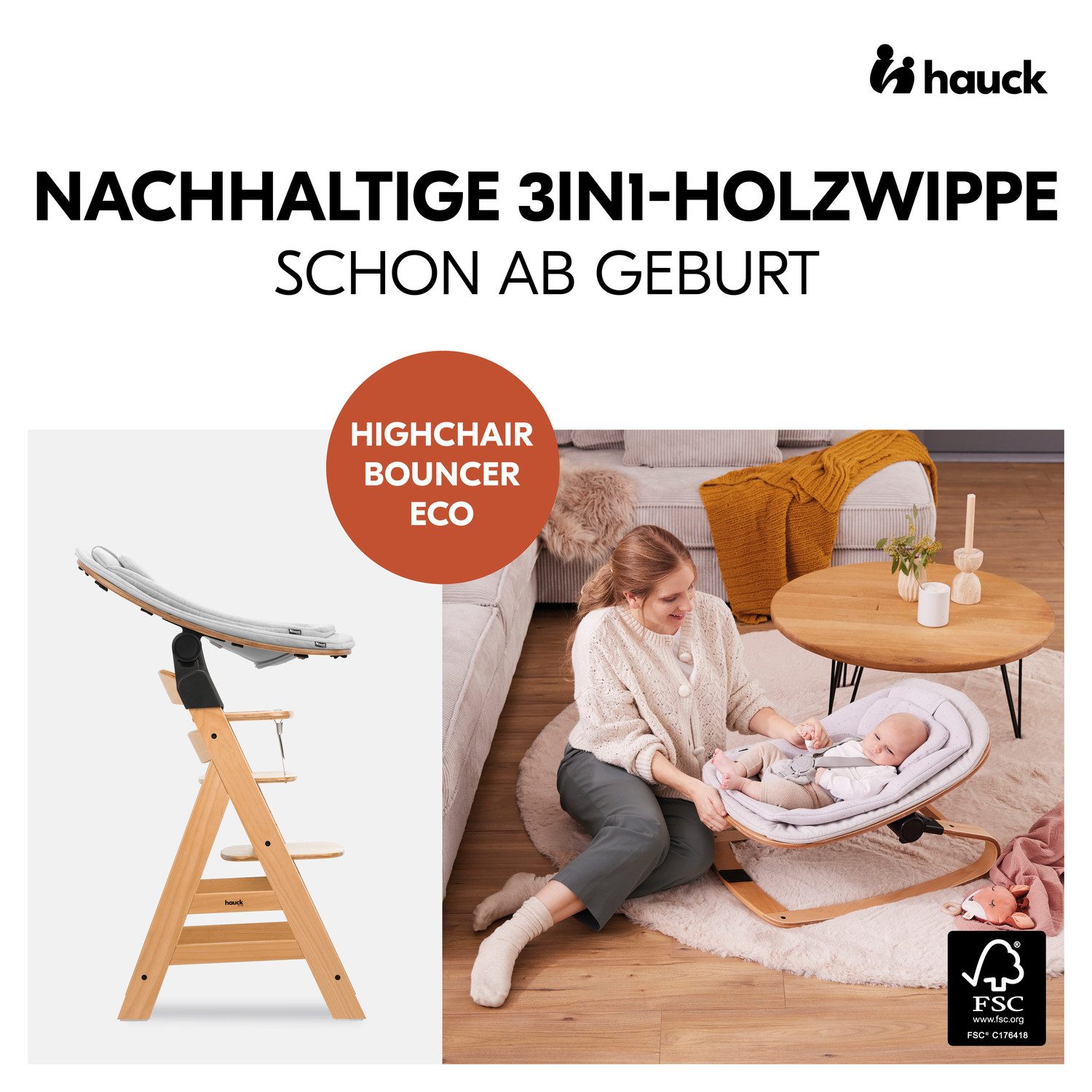Hauck Opzet voor de kinderstoel Eco Bouncer inclusief schommelbasis en alpha-adapter, fsc® - beschermt bossen wereldwijd
