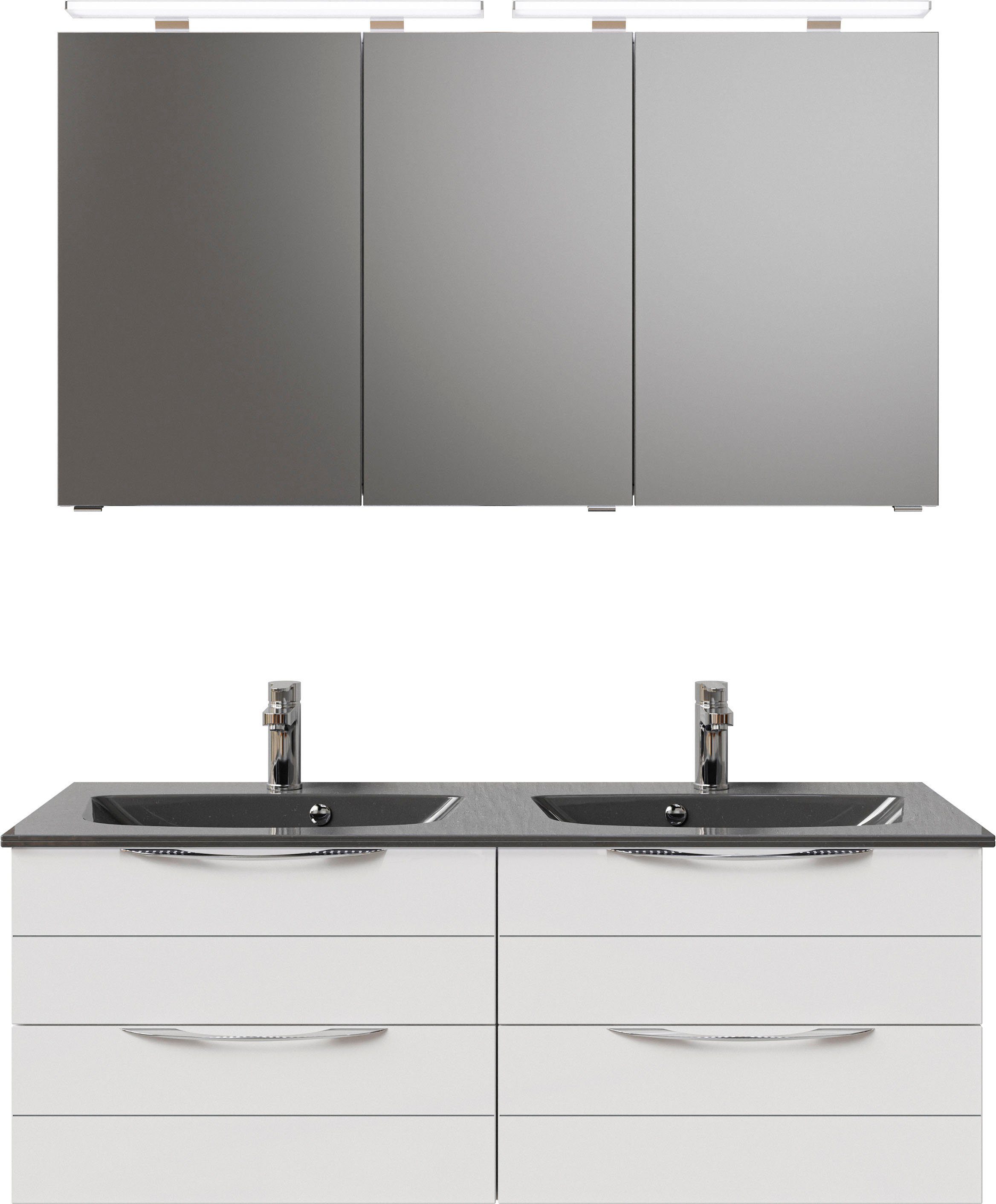 Saphir Badkamerserie Serie 6025 2-delig, mineraalmarmeren wastafel met led-spiegelkast Wastafelmeubel 132 cm breed, 4 laden, 2 spiegeldeuren, incl. deurdemper (2-delig)