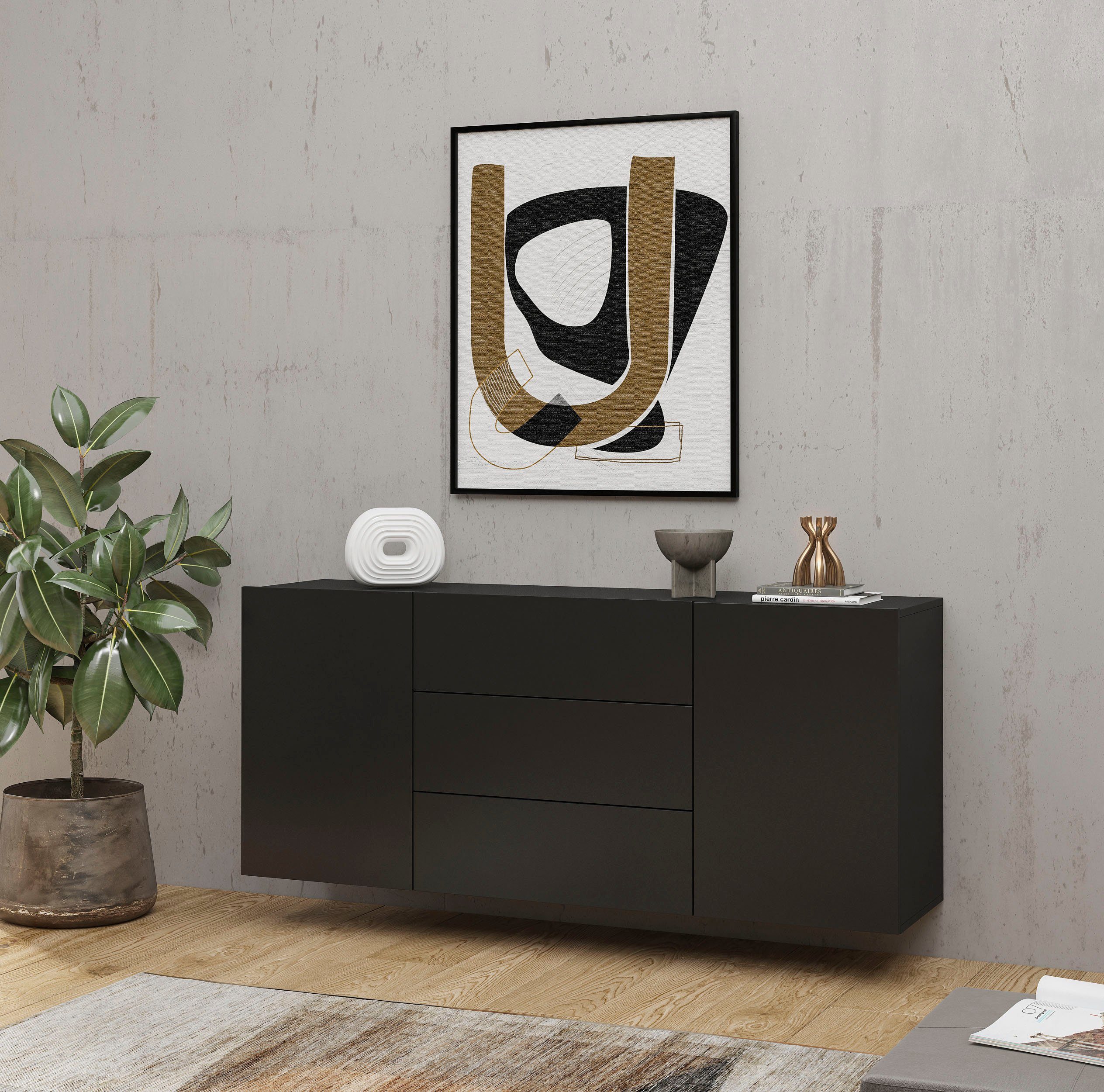 INOSIGN Dressoir Ava, breedte 140 cm, hangend en staand te monteren moderne grepless commode, ladekast, 2 deuren/3 lades
