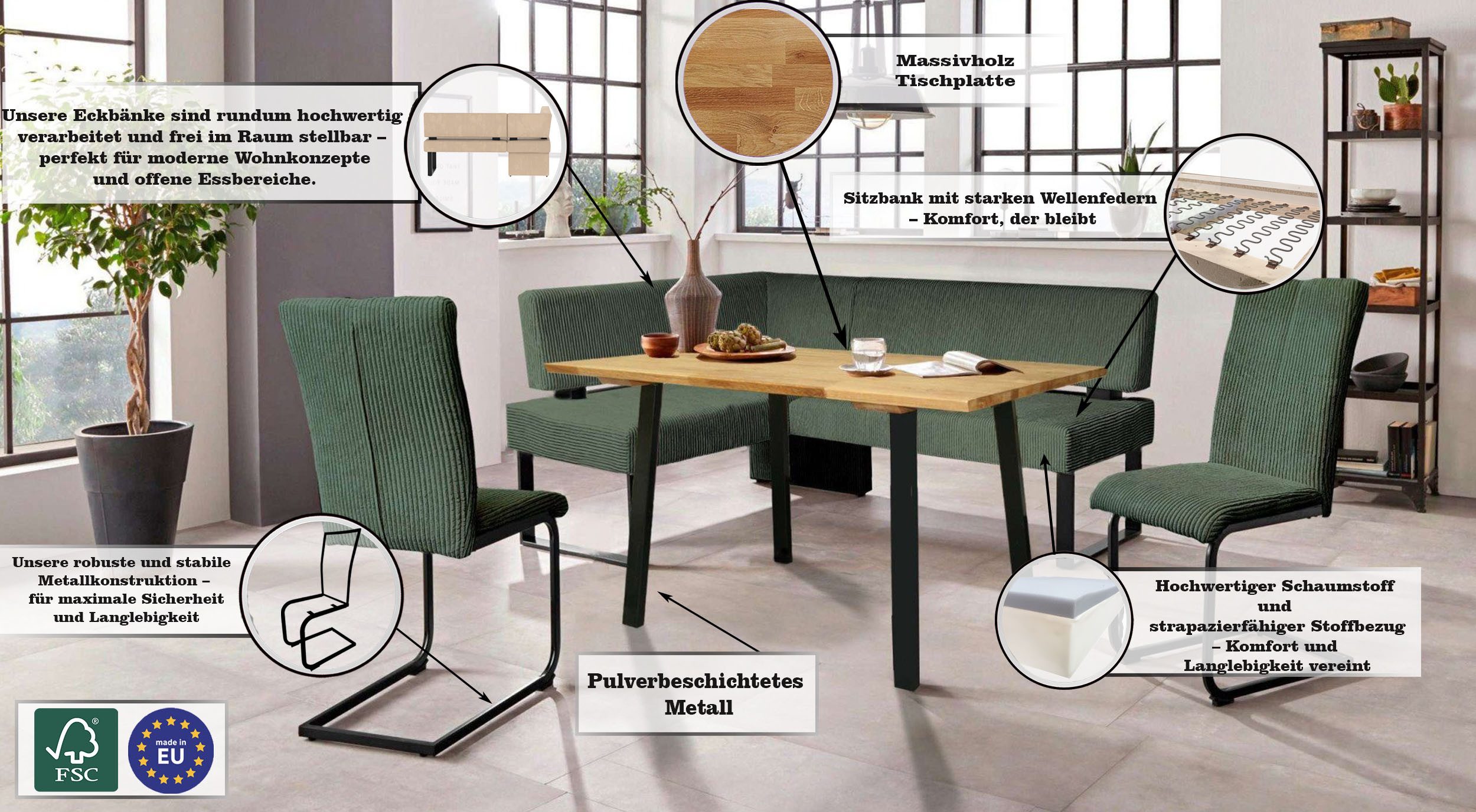 Home affaire Eethoek Oliver Hoekbank met golfvering in de zitting, tafel massief eiken (set, 4-delig)