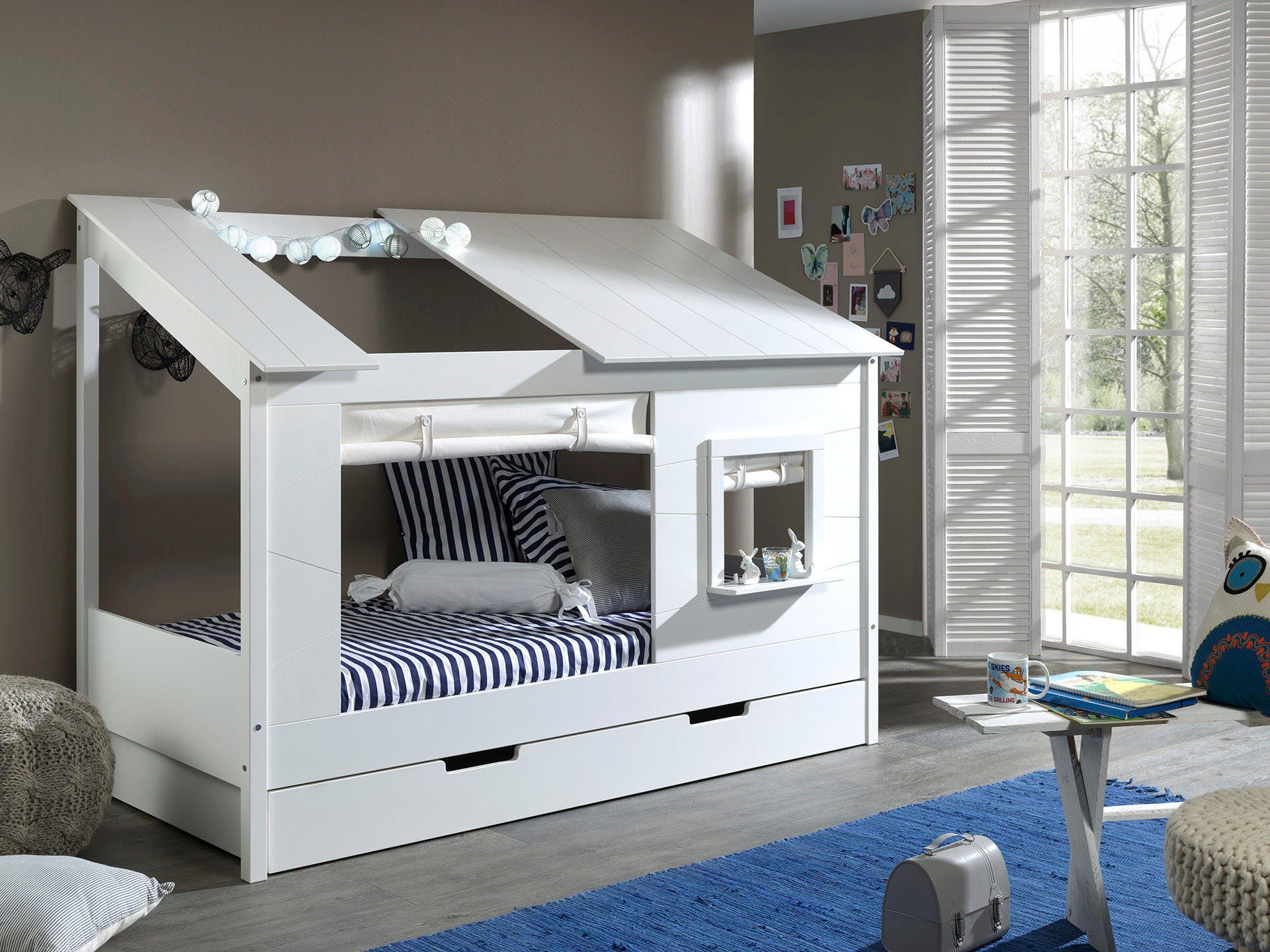 Vipack Huisbed Boomhutbed met gordijnenset, ligoppervlak 90x 200 cm, onderbedlade eenpersoonsbedden wit
