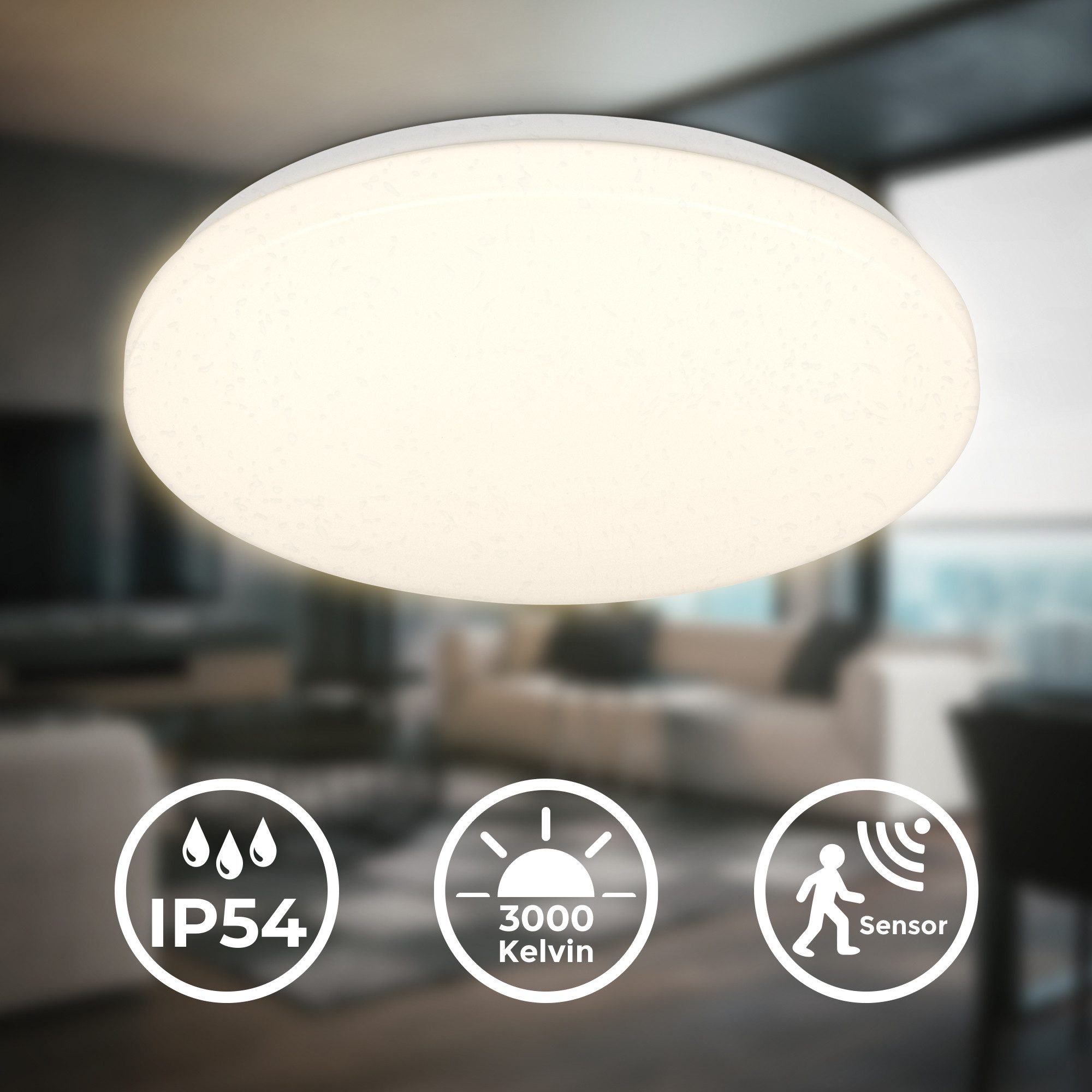 B.K.Licht Led-plafondlamp BK_DL1614 Bad plafondlamp met bewegingssensor, 3m bereik 120° detectiehoek, ip54, 13w, 1.300 lm, 3.000k, ø27cm, wit (1 stuk)