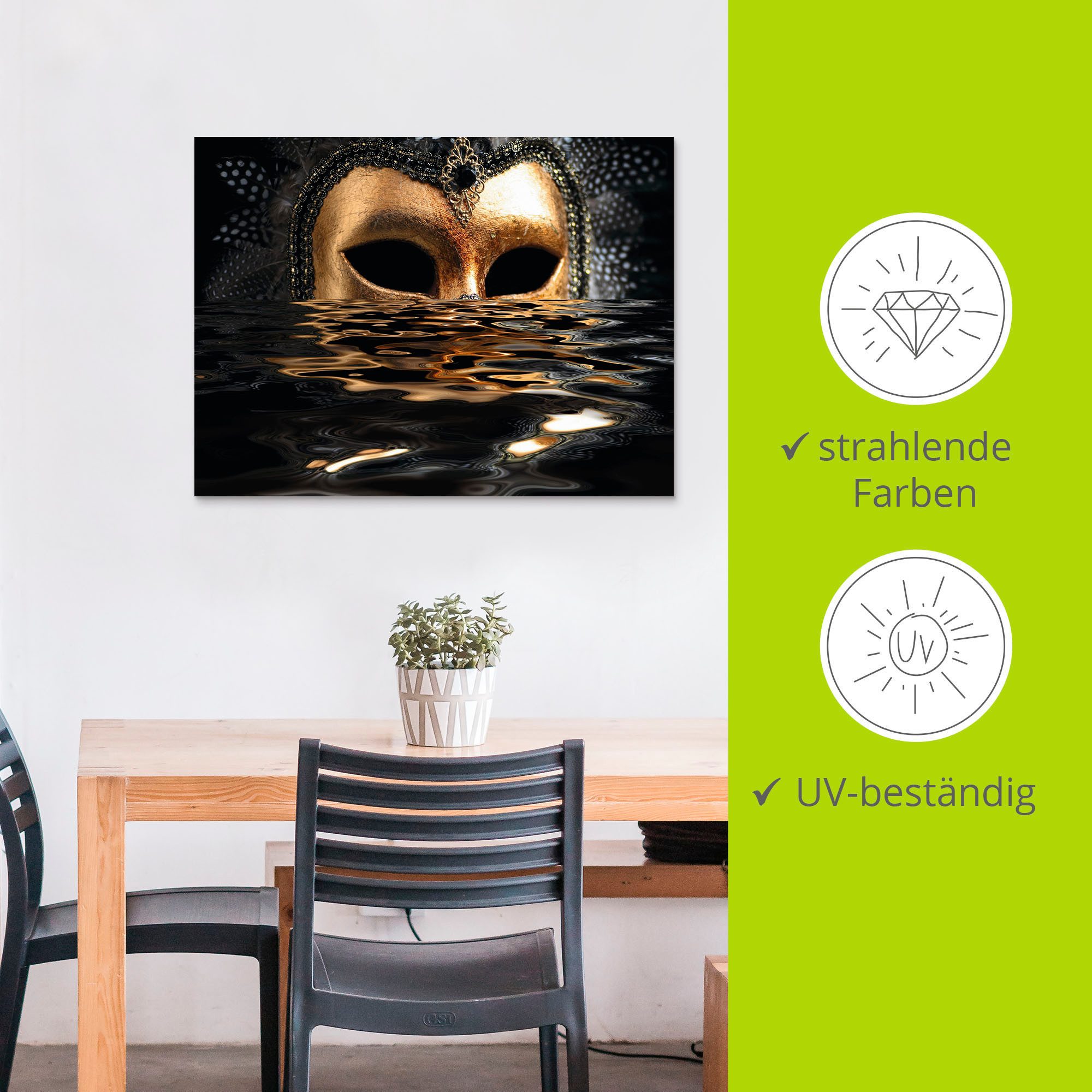 Artland Artprint Venetiaans masker met bladgoudkleur als artprint van aluminium, artprint voor buiten, artprint op linnen, poster, muursticker