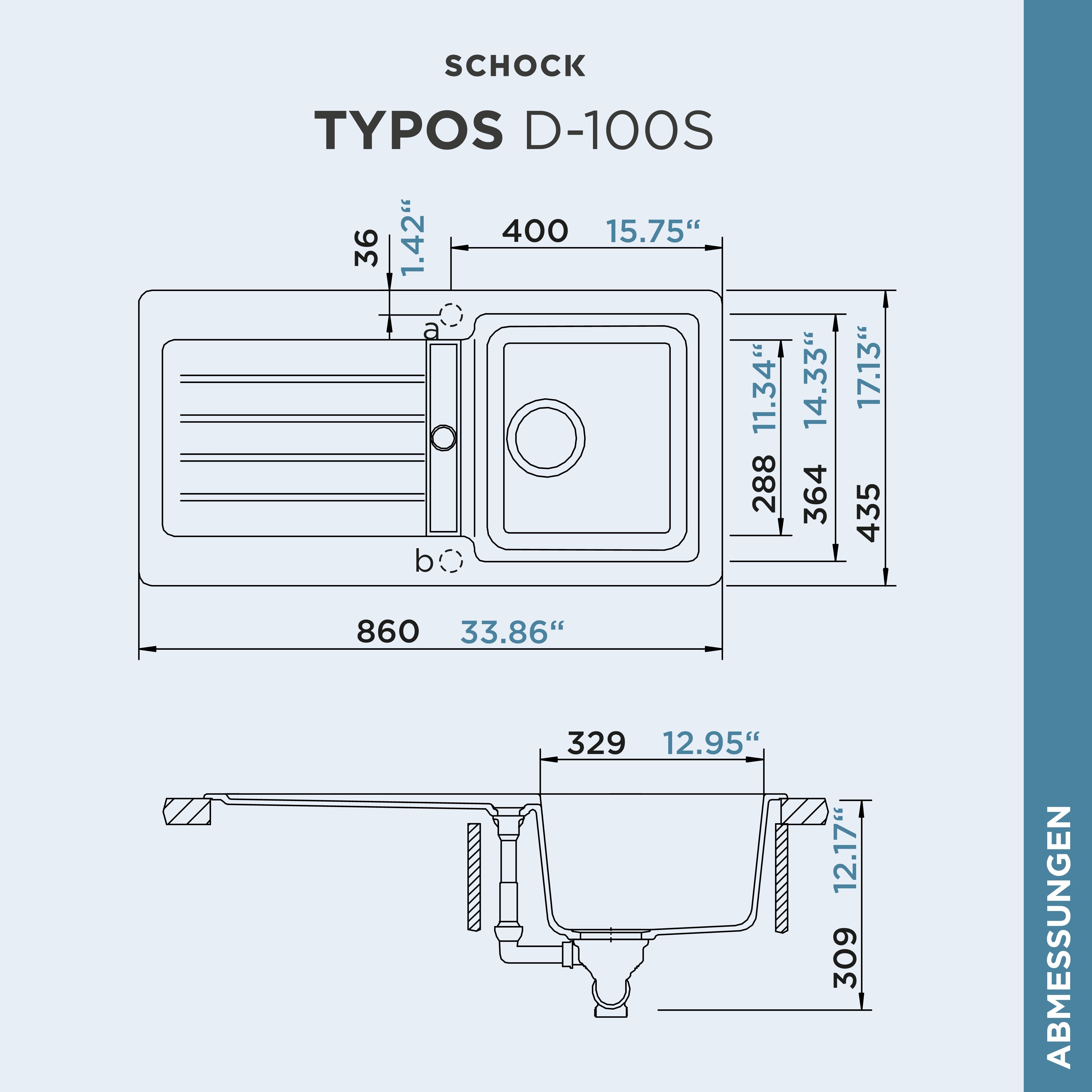 Schock Granieten spoelbak Typos D-100 S met afvoer en druppelzone, links en rechts in te bouwen