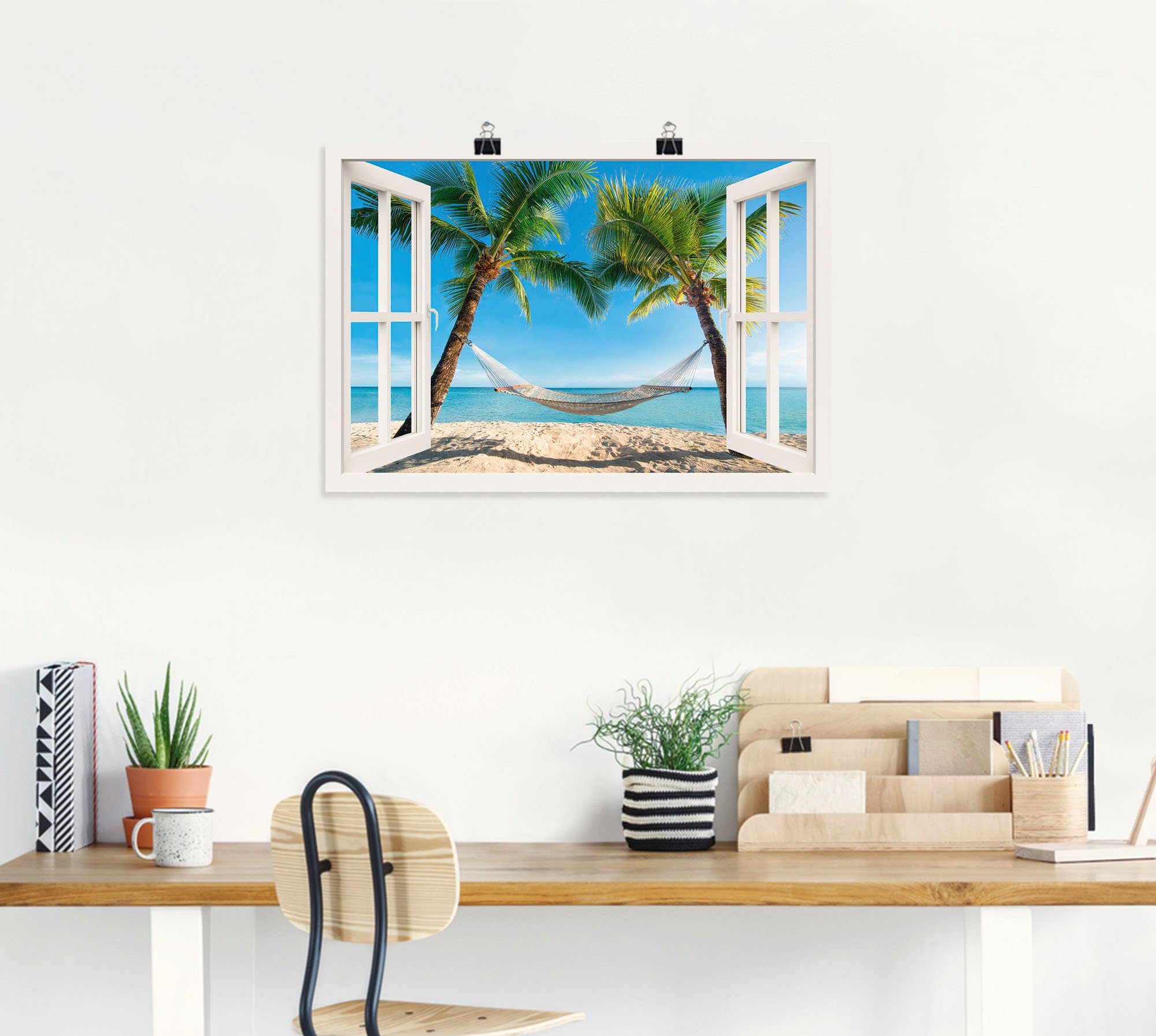 Artland Artprint Blik uit het venster palmenstrand Caribic als artprint van aluminium, artprint voor buiten, artprint op linnen, poster, muursticker