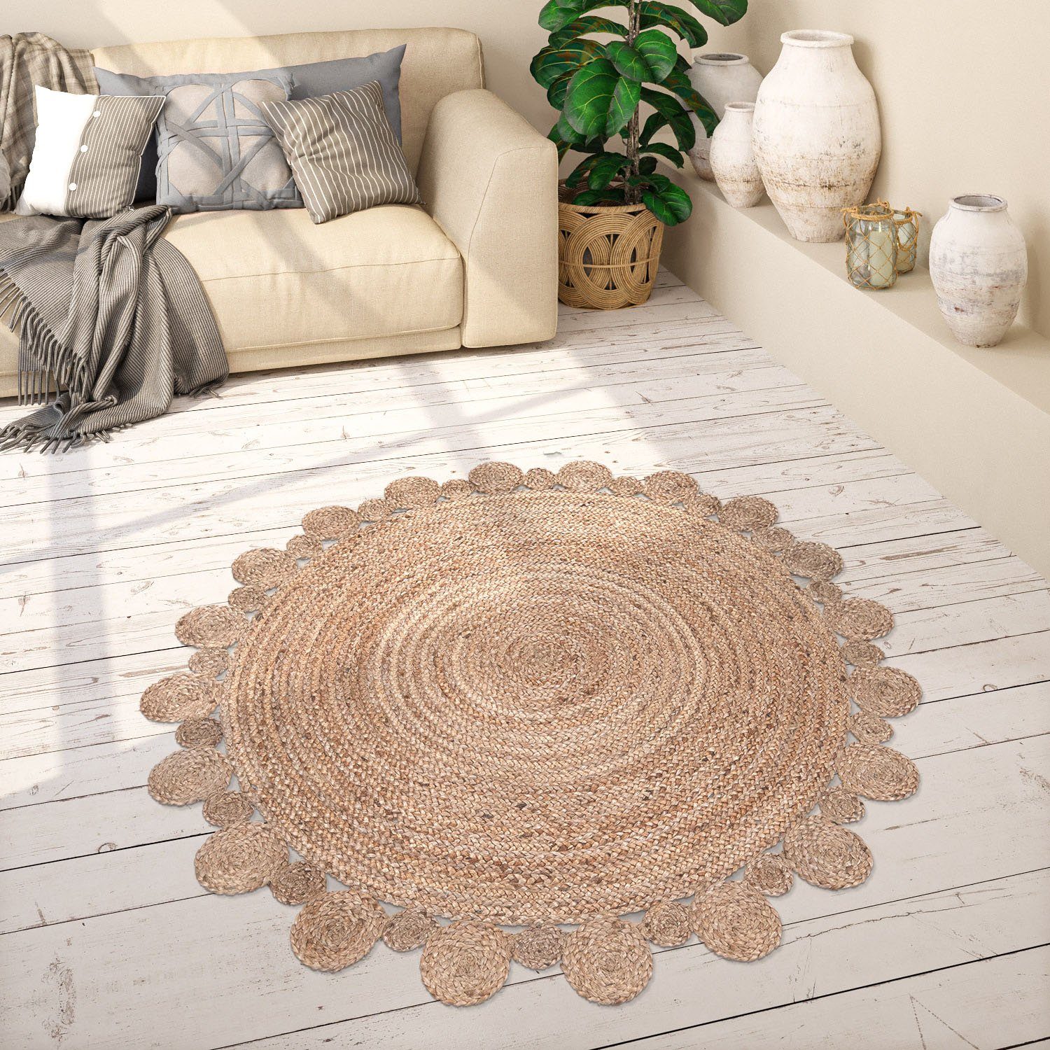 Paco Home Vloerkleed Viborg 592 met de hand gemaakt vloerkleed van natuurmateriaal, jute, boho, etno moderne vloerkleden maat Ø 200 cm x 13 mm beige