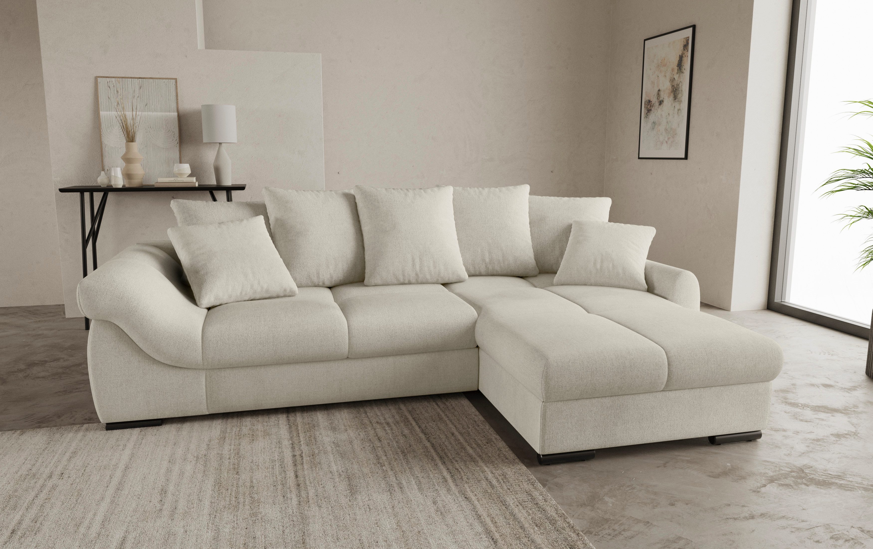 Mr. Couch Hoekbank Livorno L-vorm incl. hoogslaper beduitbreiding, xl bedbox wit gecoat