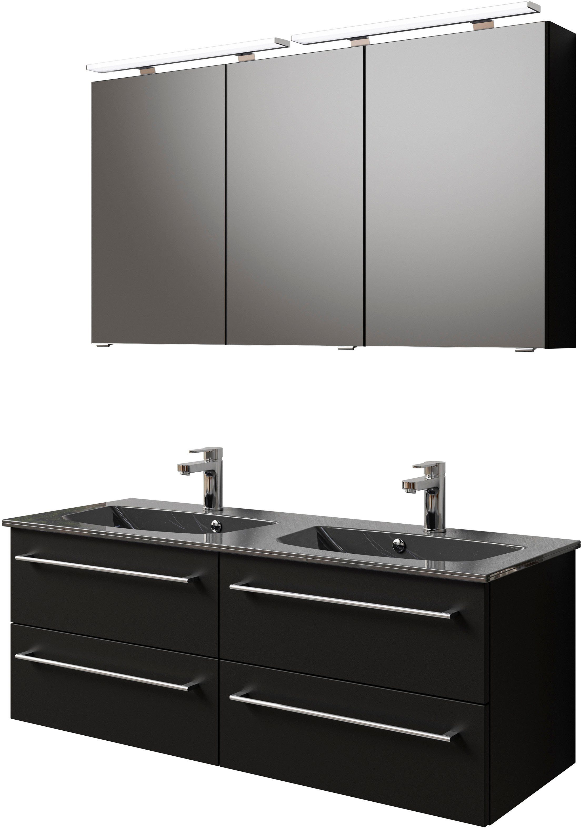 Saphir Badkamerserie Serie 6025 2-delig, mineraalmarmeren wastafel met led-spiegelkast Wastafelmeubel 132 cm breed, 4 laden, 2 spiegeldeuren, incl.