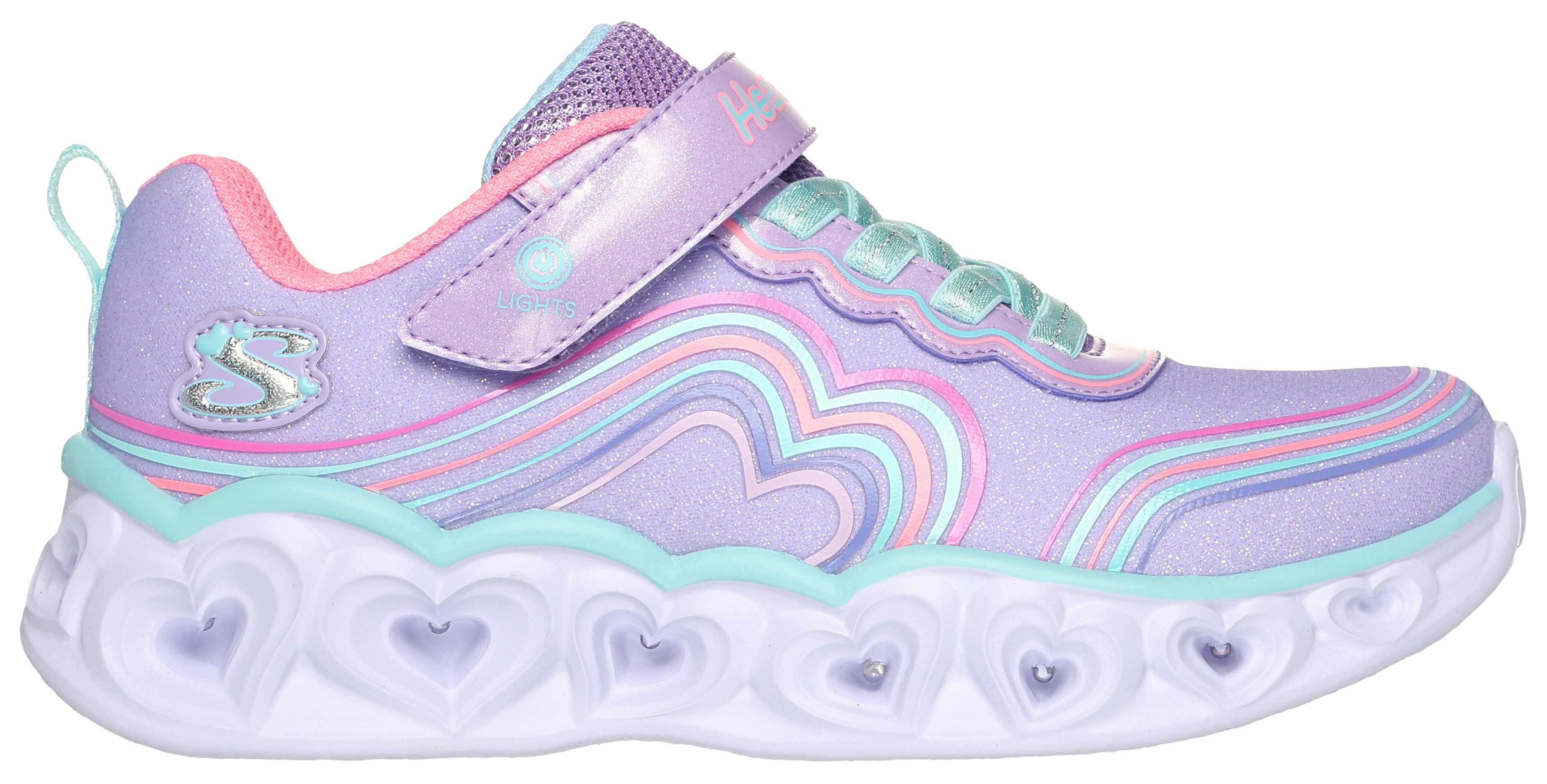 Skechers Sneakers HEART LIGHTS Vrijetijdsschoen, klittenbandschoen, blink schoen met kleurrijke regenboog stiksel