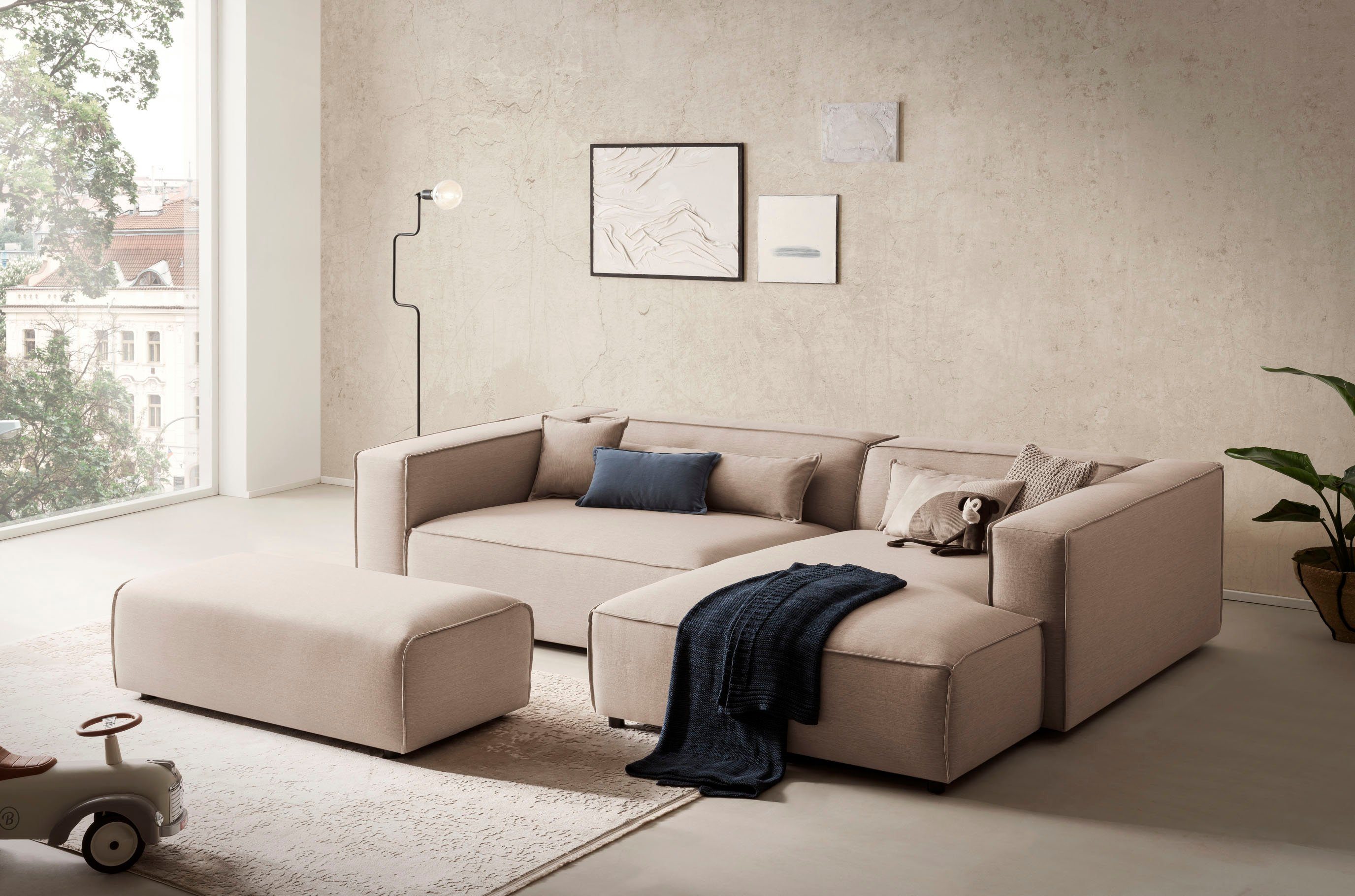 LeGer Home by Lena Gercke Hocker PIARA, poef met biesnaad in cord of linnenlook bij de serie piara, rechthoekig, zwarte voeten, comfortabel zitcomfort