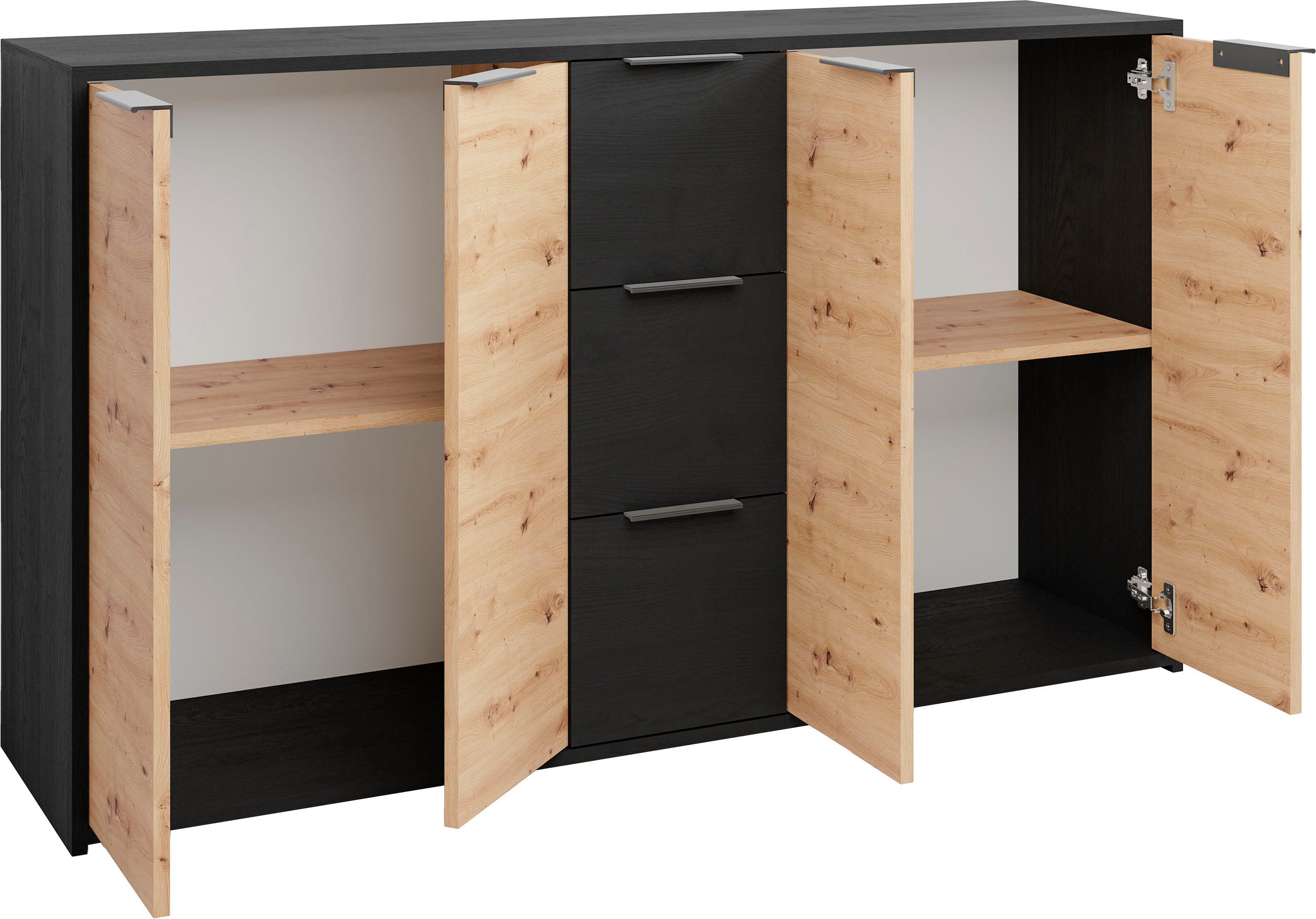 byLIVING Dressoir Rimini Melamine eiken zwart en artisan eiken, 3 lades, 4 deuren