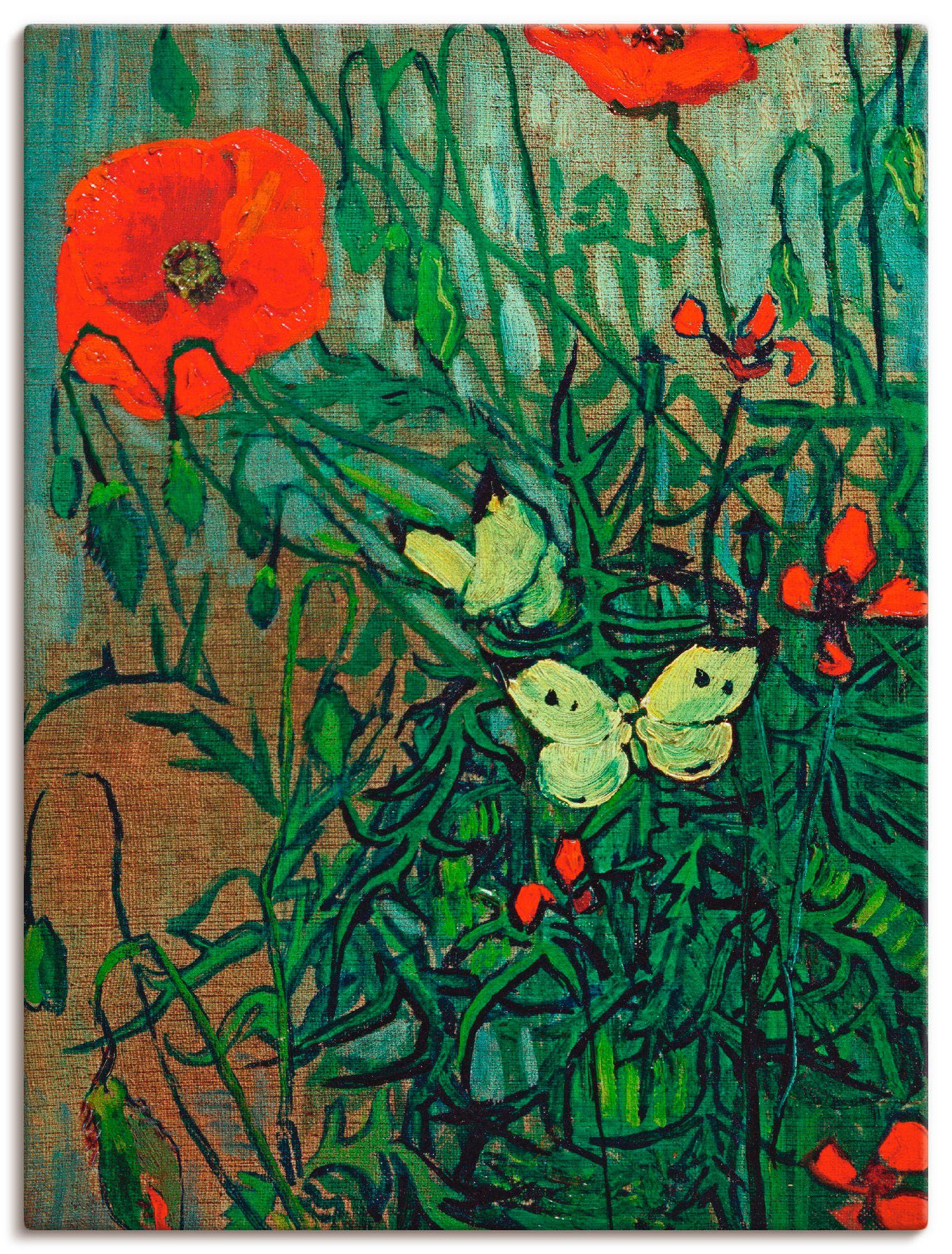 Artland Artprint op linnen Vlinders op klaprozen gespannen op een spieraam foto schilderijen groen