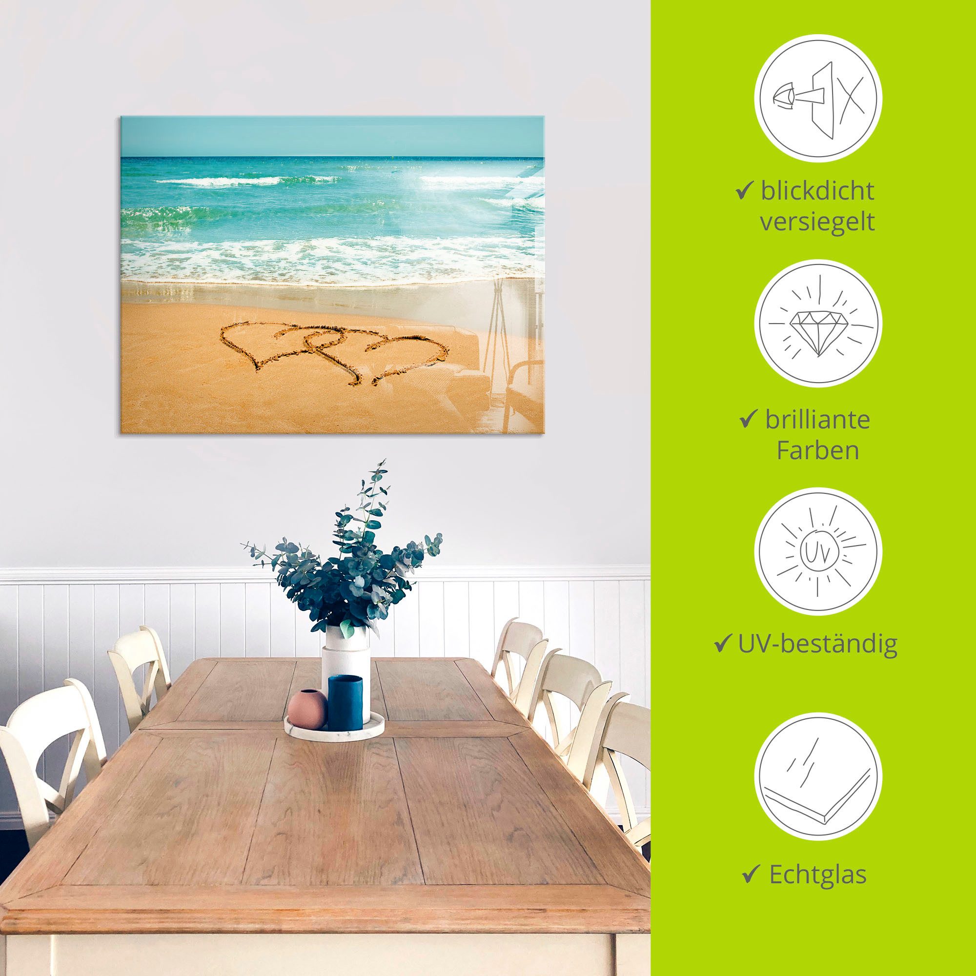 Artland Print op glas Harten in het zand in verschillende maten